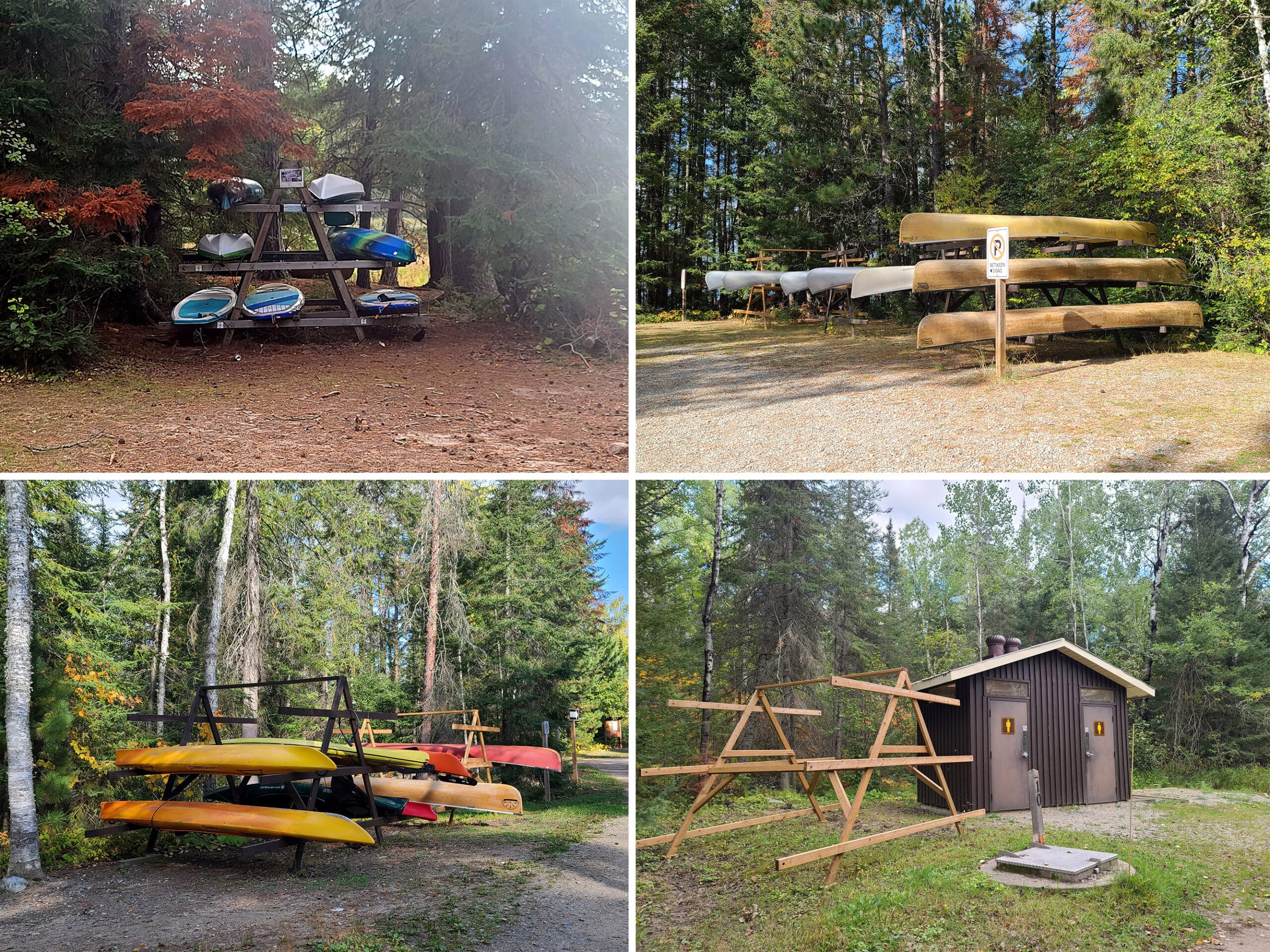 4 part image showing canoe racks with canoes in various spots throughout the park.