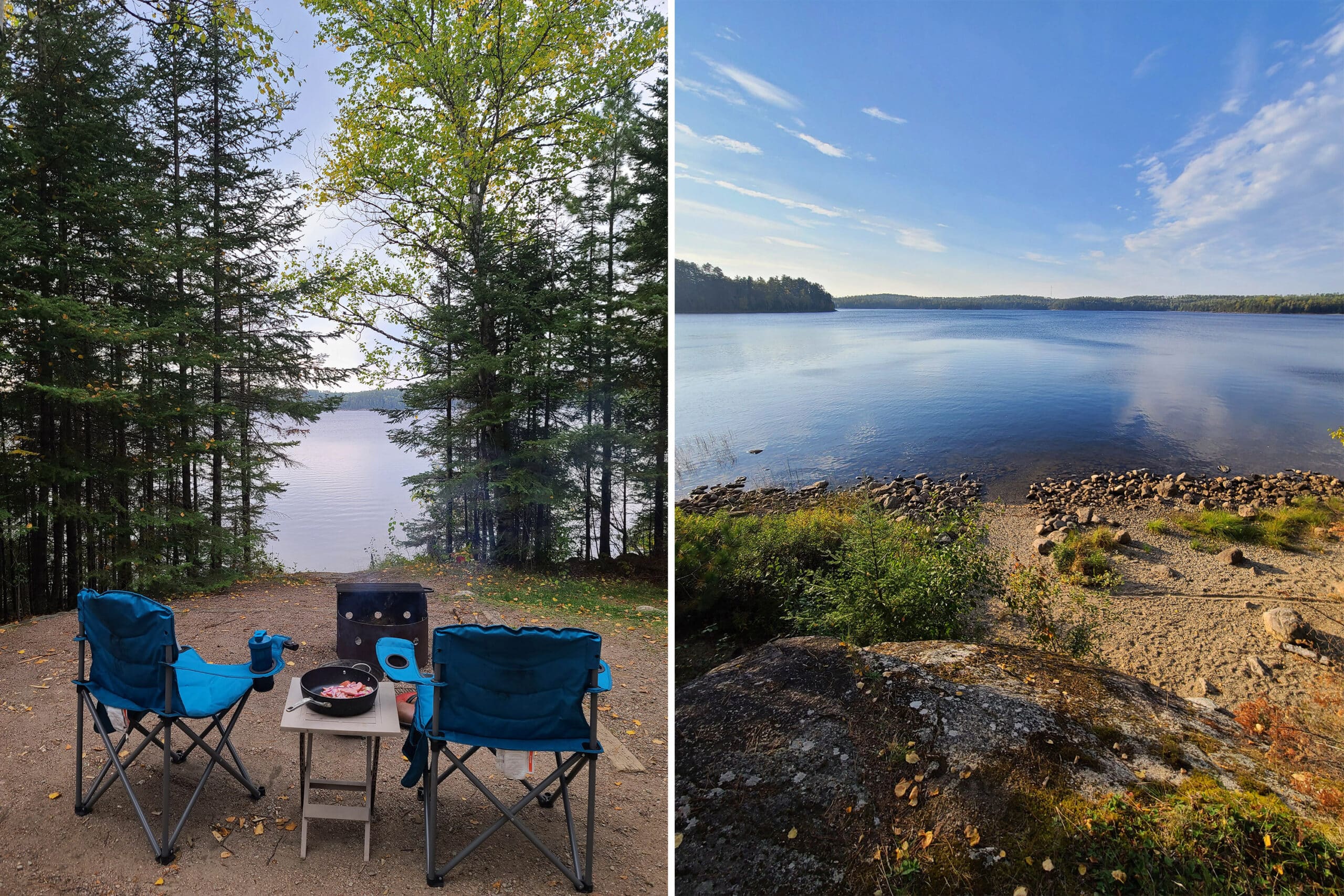 A 2 part image showing a view out over a lake, both with campground in the foreground, and from at the edge of the water.