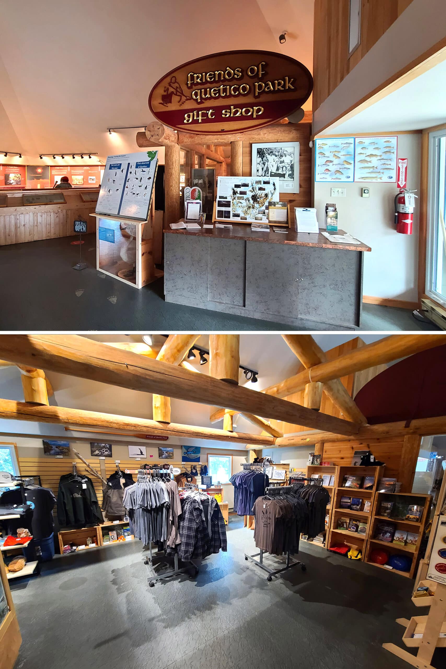 2 part image showing interior and exterior views of a provincial park camp store.