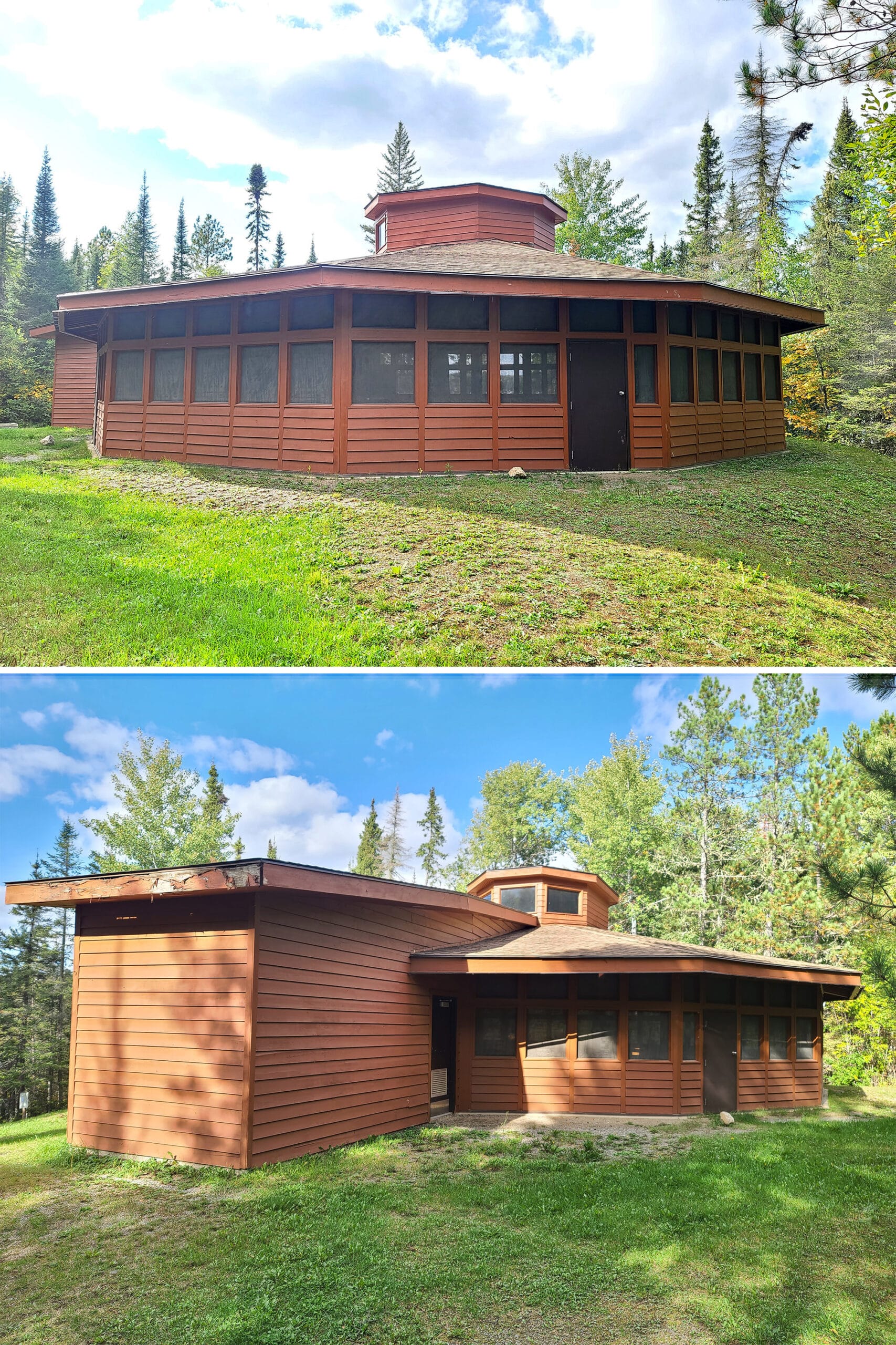 A 2 part image showing the front and back views of the learning centre in quetico provincial park.