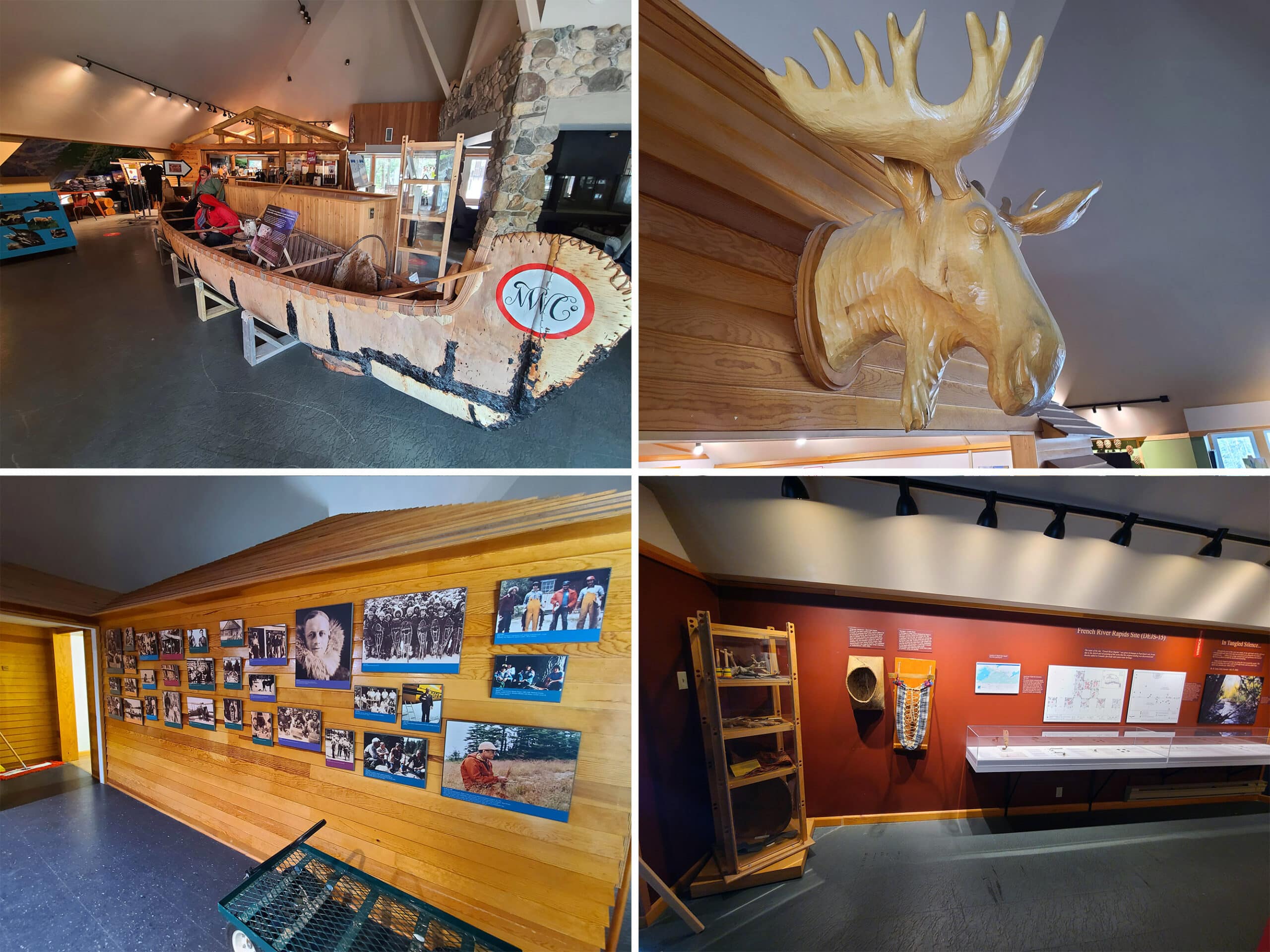A 4 part image showing some of the displays inside the Quetico visitor centre.