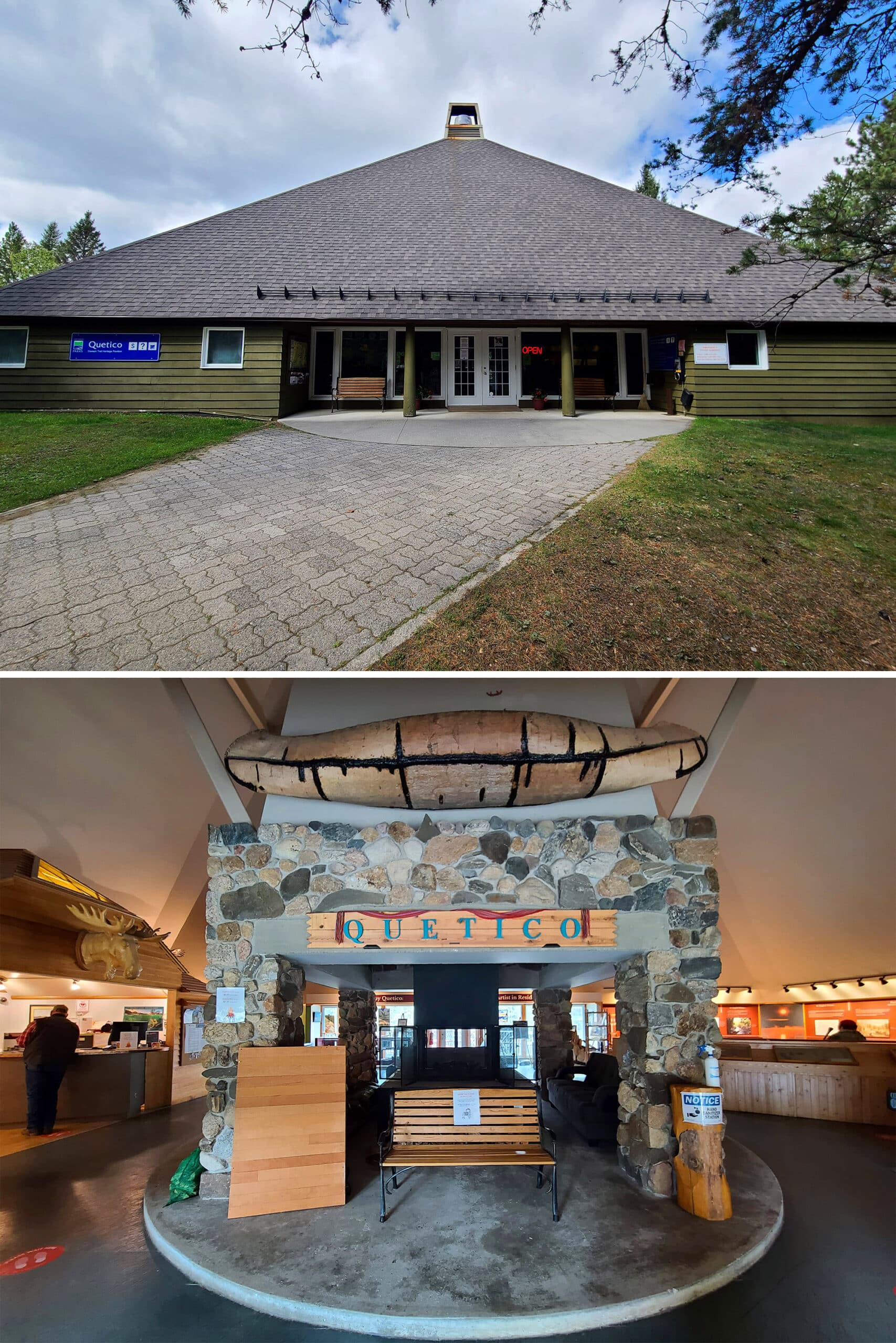 A 2 part image showing the interior and exterior of the Quetico Provincial park visitor center.