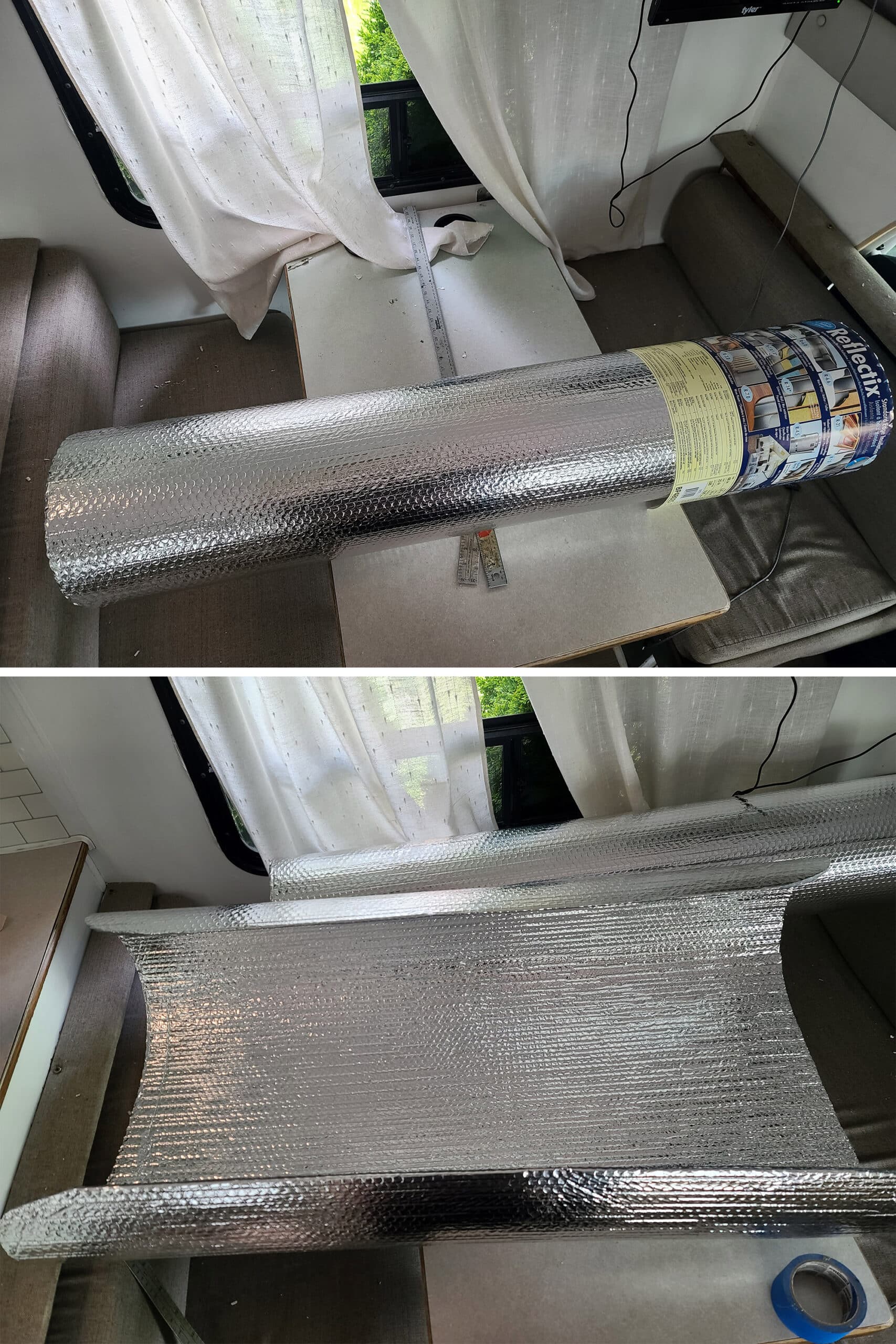 2 part image showing a large roll of reflectix insulation on an RV table, and the roll partially unrolled onto the same table.