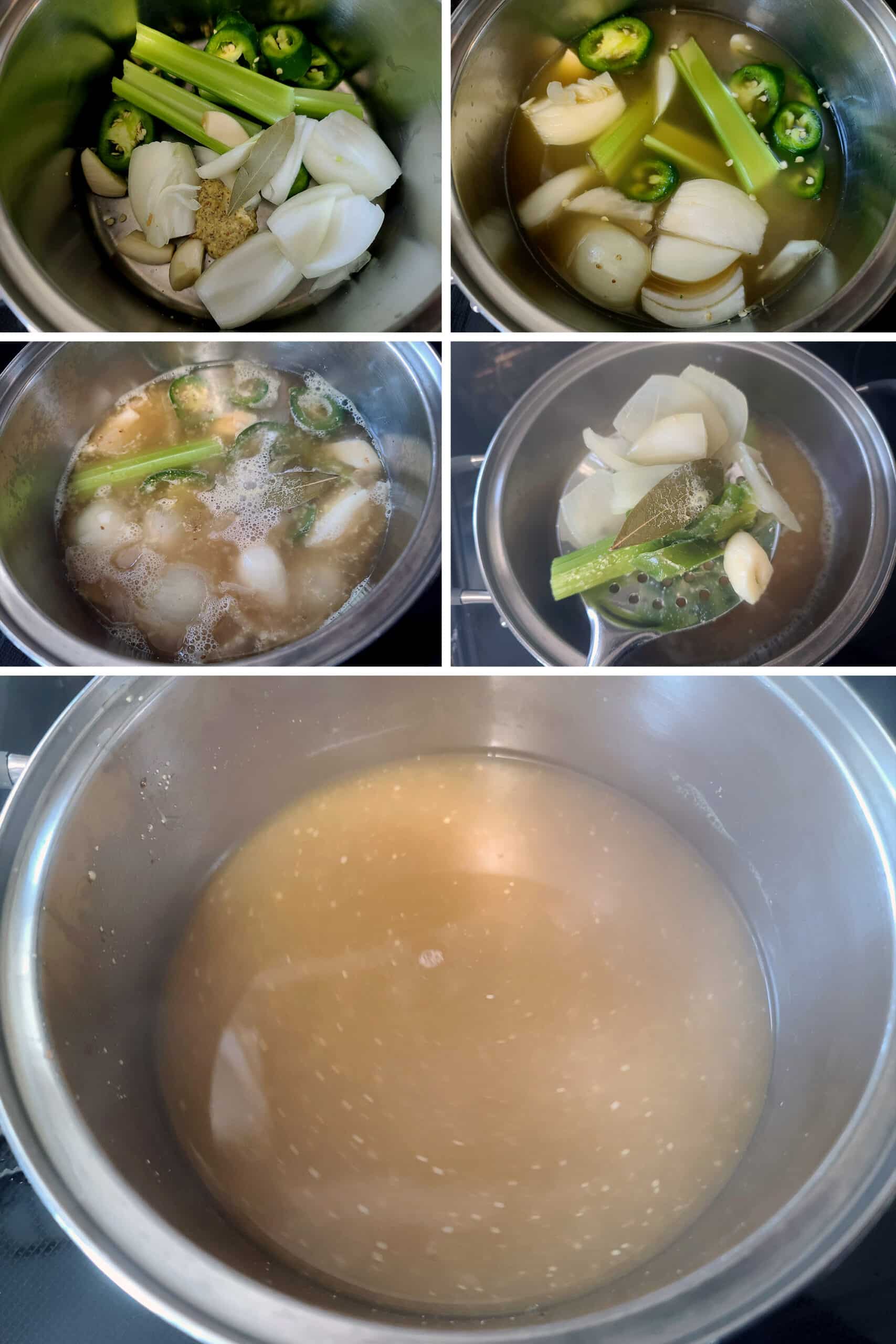 A 5 part image showing the chicken broth being boiled with the flavouring ingredients, then after being strained.