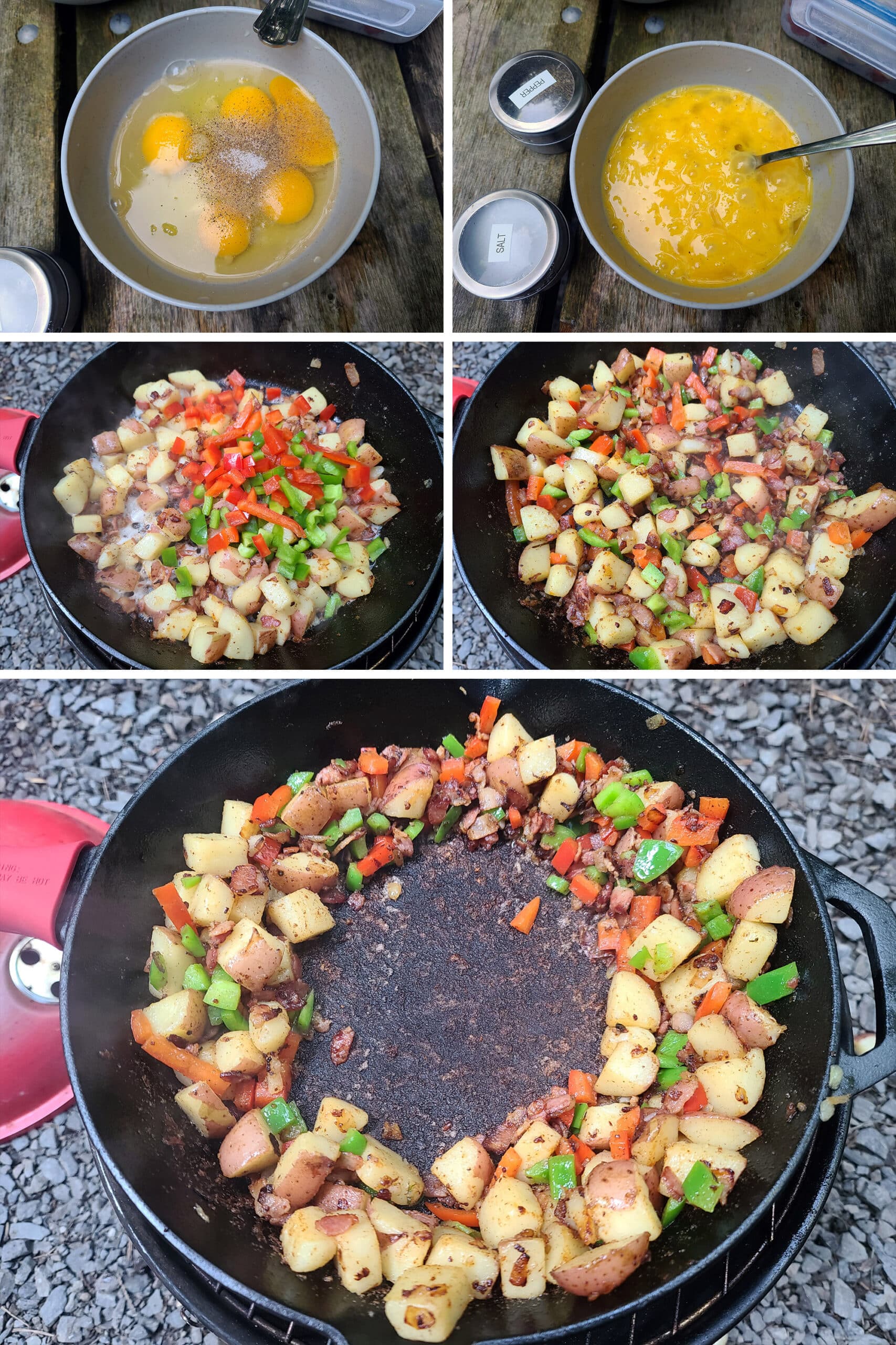 5 part image showing the eggs being mixed, the peppers added to the potatoes, and the pepper/potato mix being pushed to the sides of the pan.