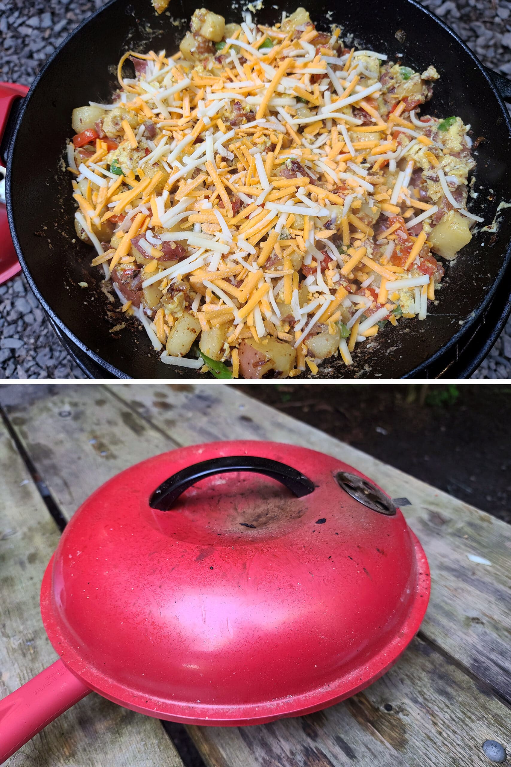 2 part image showing cheese being added to the top of the ingredients, then covered with the lid.