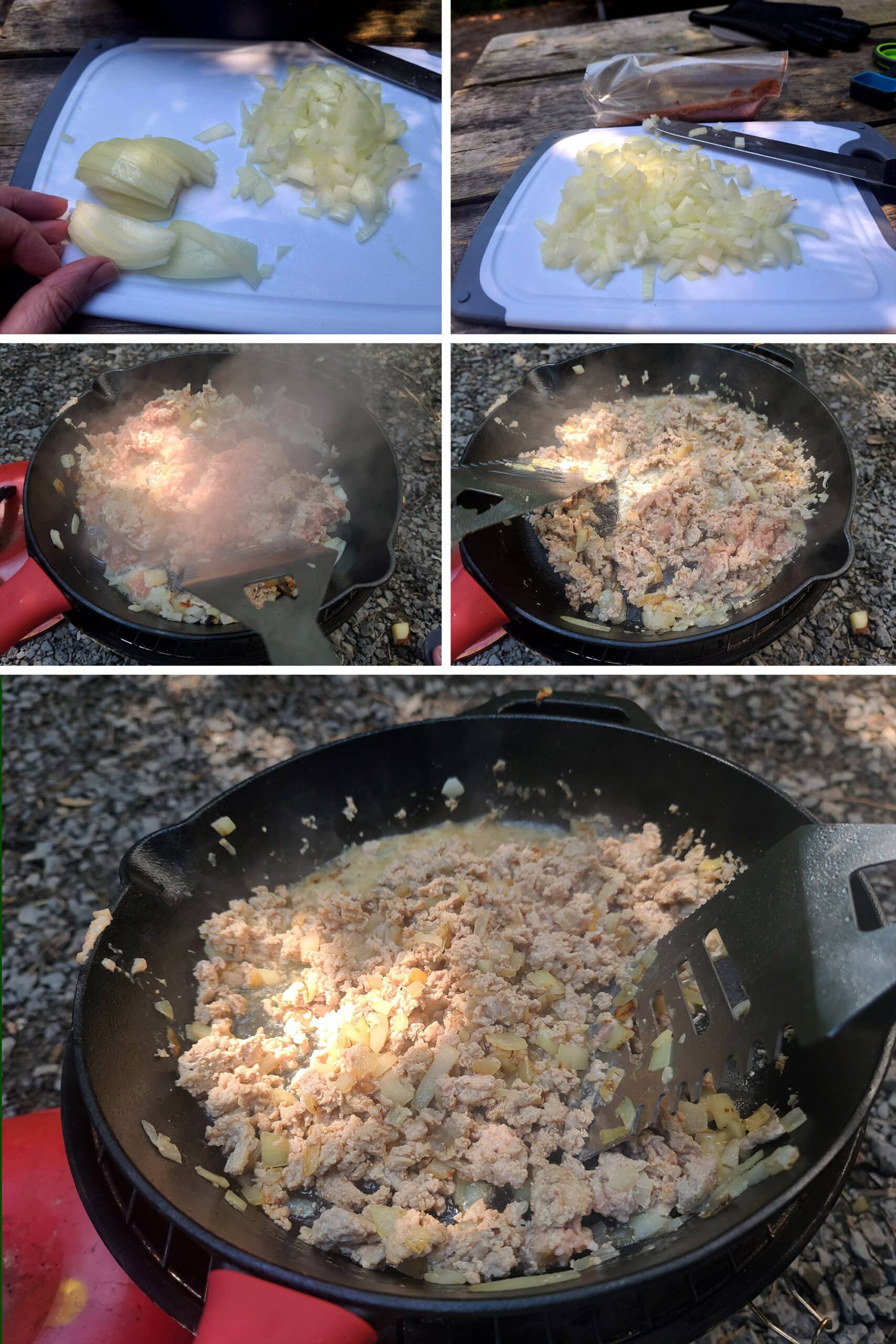 5 part image showing onions being chopped, then cooked in a cast iron pan over a camp stove, along with the ground beef.