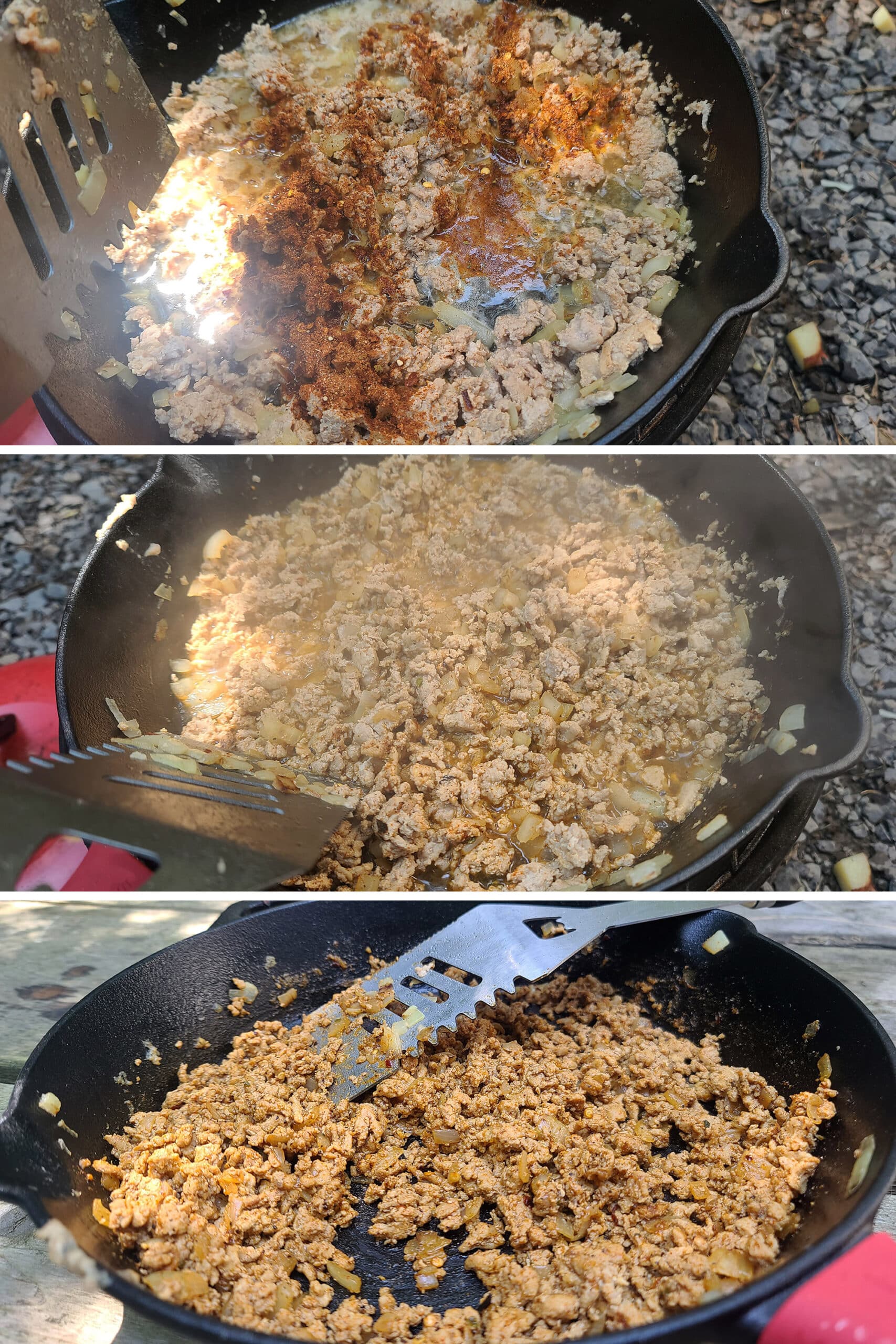 3 part image showing taco seasoning and water added to the pan of ground meat and onions.