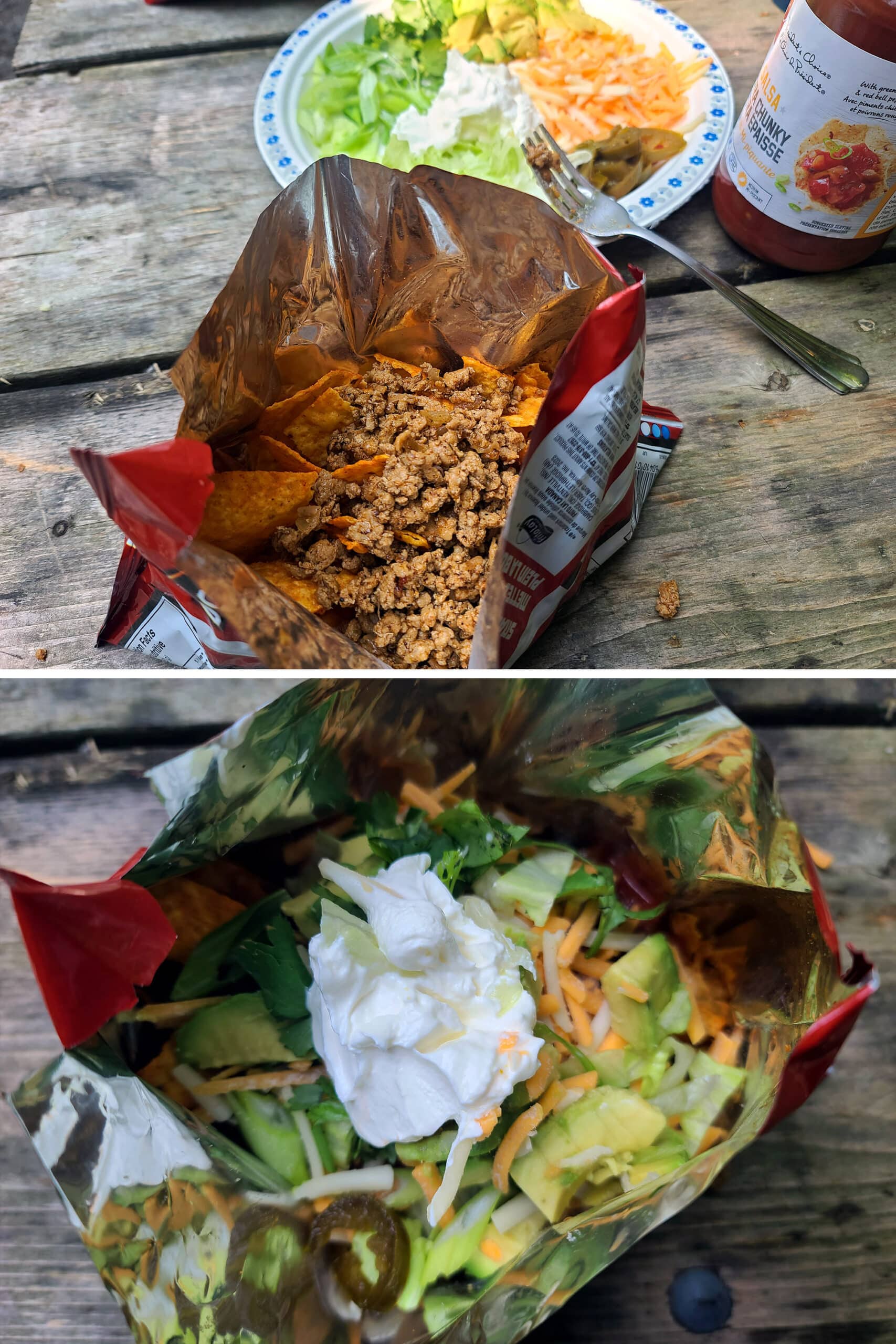 2 part image showing the taco meat and toppings added to a bag of doritos,
