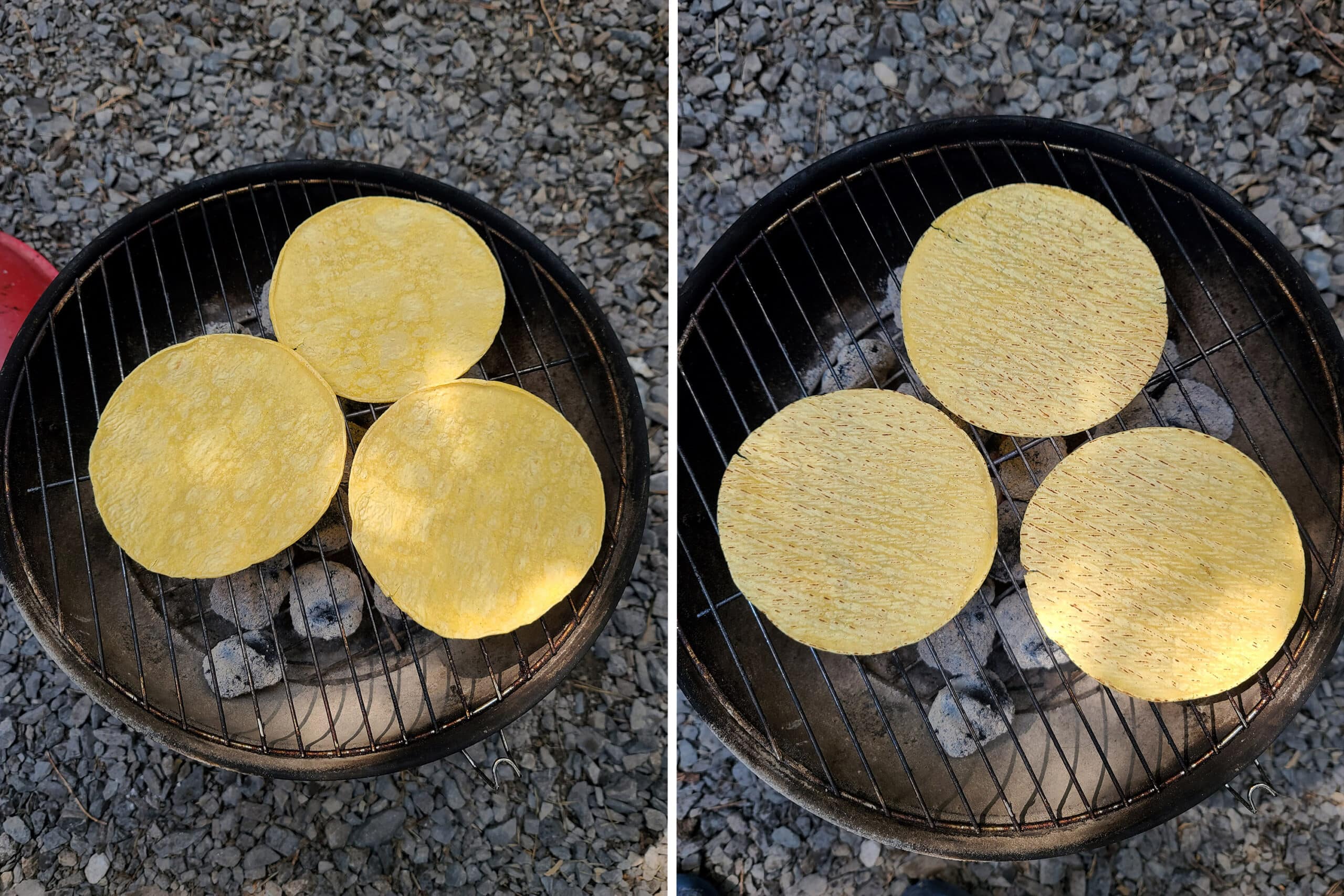 2 part image showing yellow corn tortillas heating up over a charcoal camp grill.