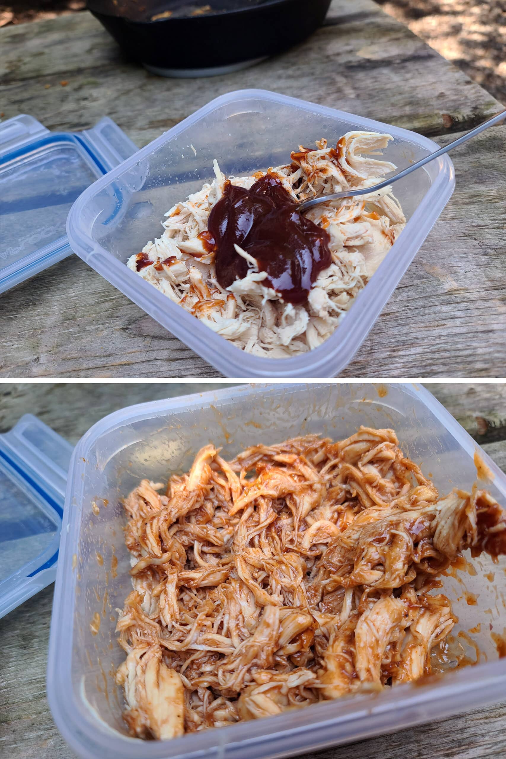 2 part image showing BBQ sauce being mixed in with some pulled chicken
