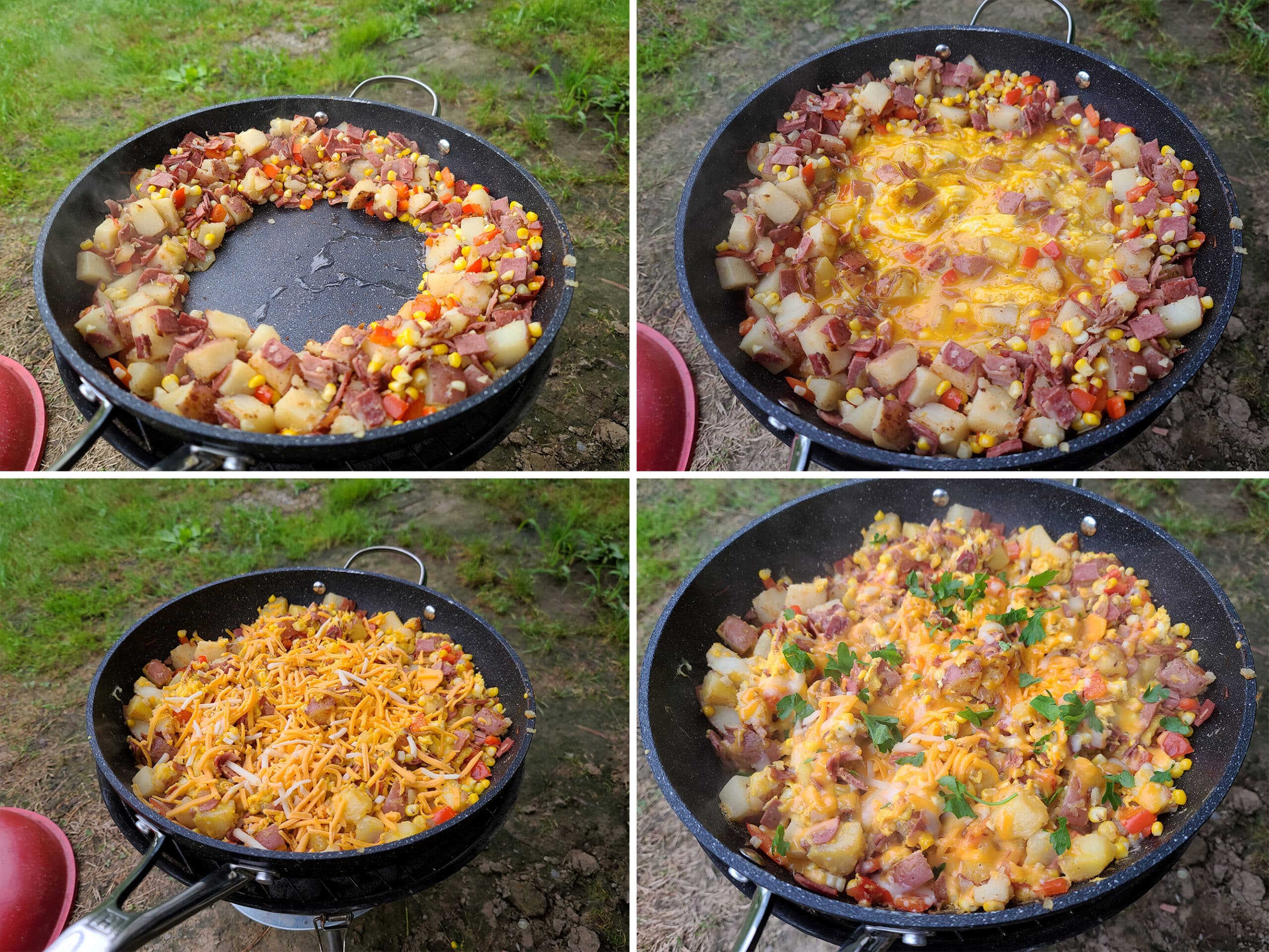 4 part image showing a well in the middle of the fried potatoes and veggies, then egg added, scrambled, and topped with shredded cheese and parsley.