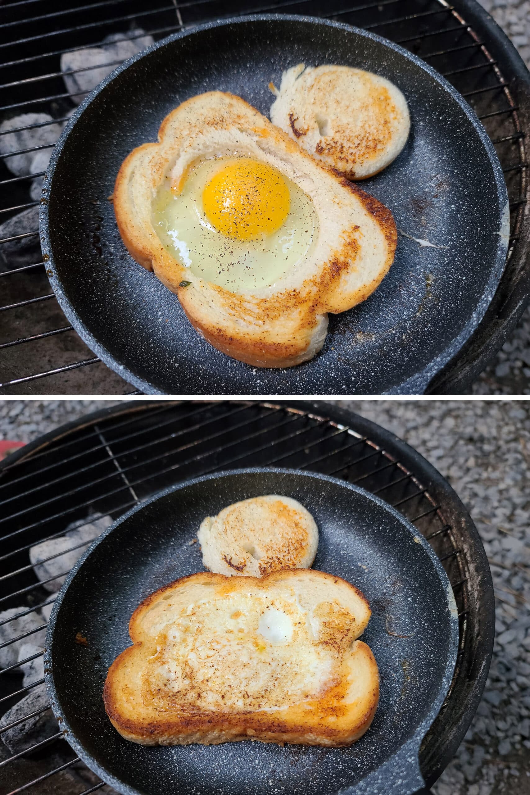 A 2 part image  showing bread with an egg in the middle, cooking in a cast iron pan, before and after being flipped.