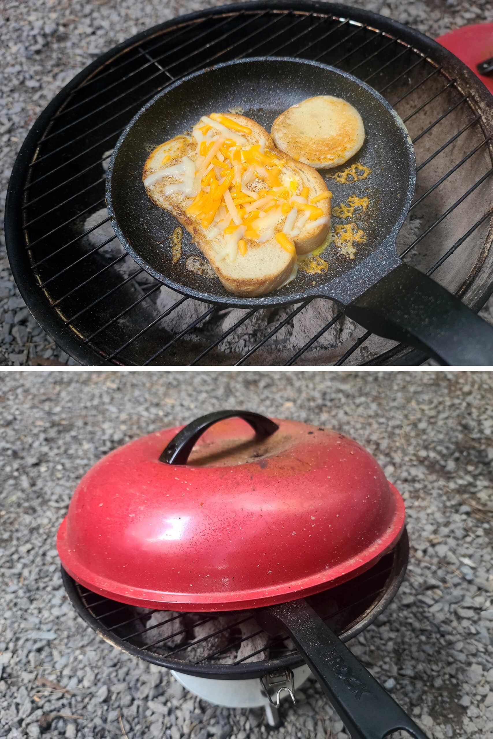 2 part image showing cheese being sprinkled on top of the hobo eggs, then covered with a lid.