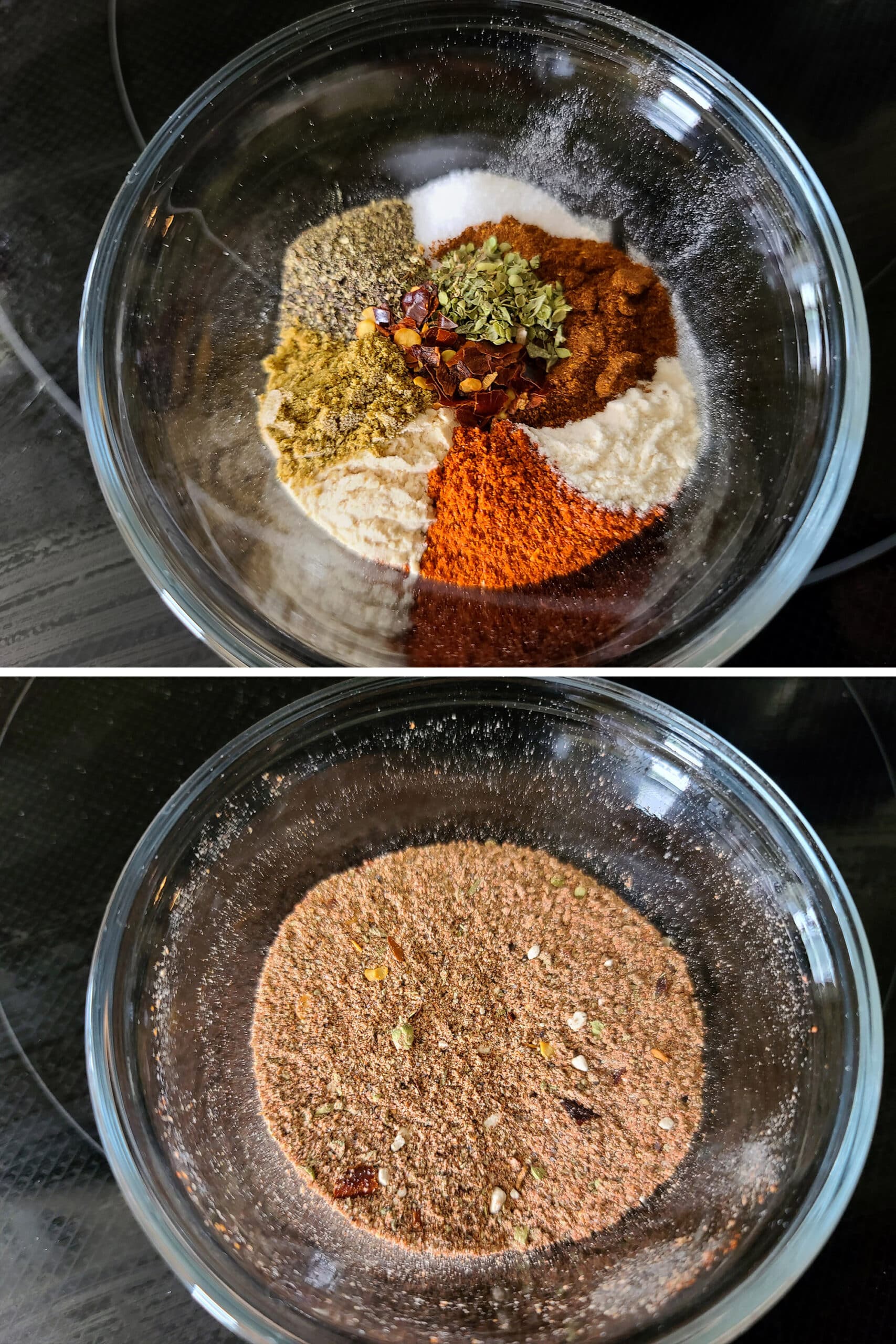 2 part image showing the homemade taco seasoning being mixed together.