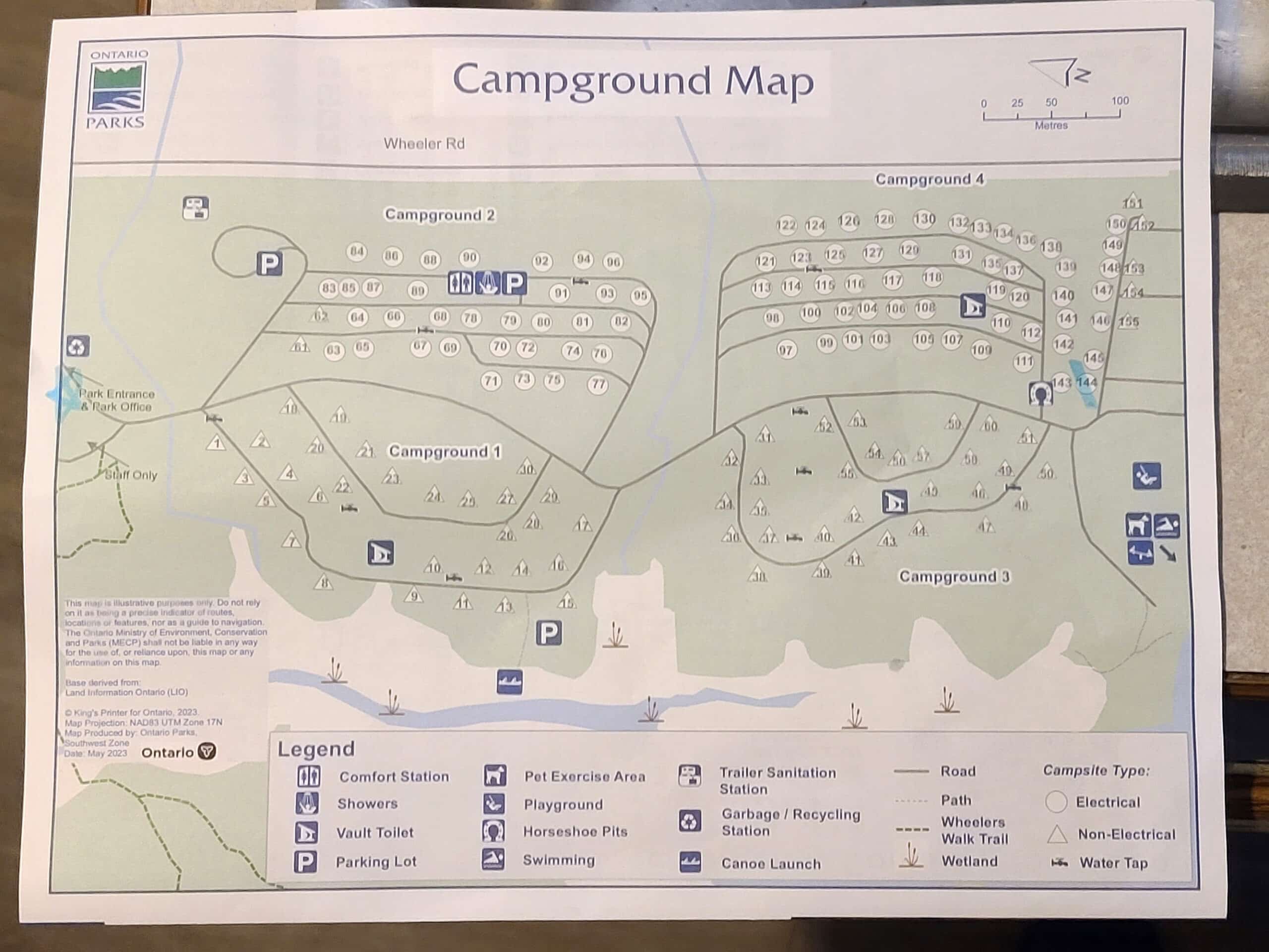A photo of a printed campground map for Selkirk Provincial Park.