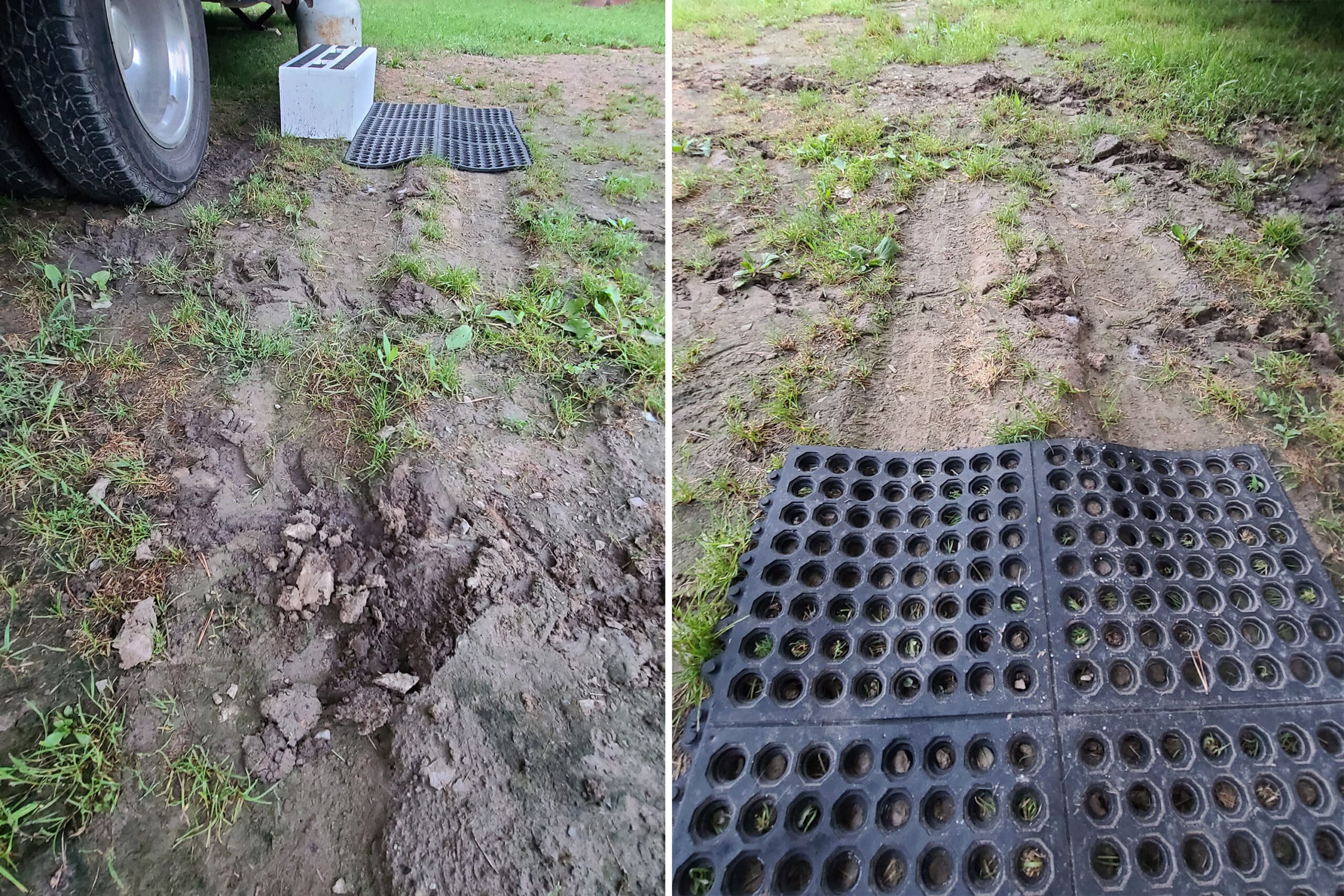 Side by side images showing deep, dried ruts in mud at a Selkirk Provincial Park camp site.