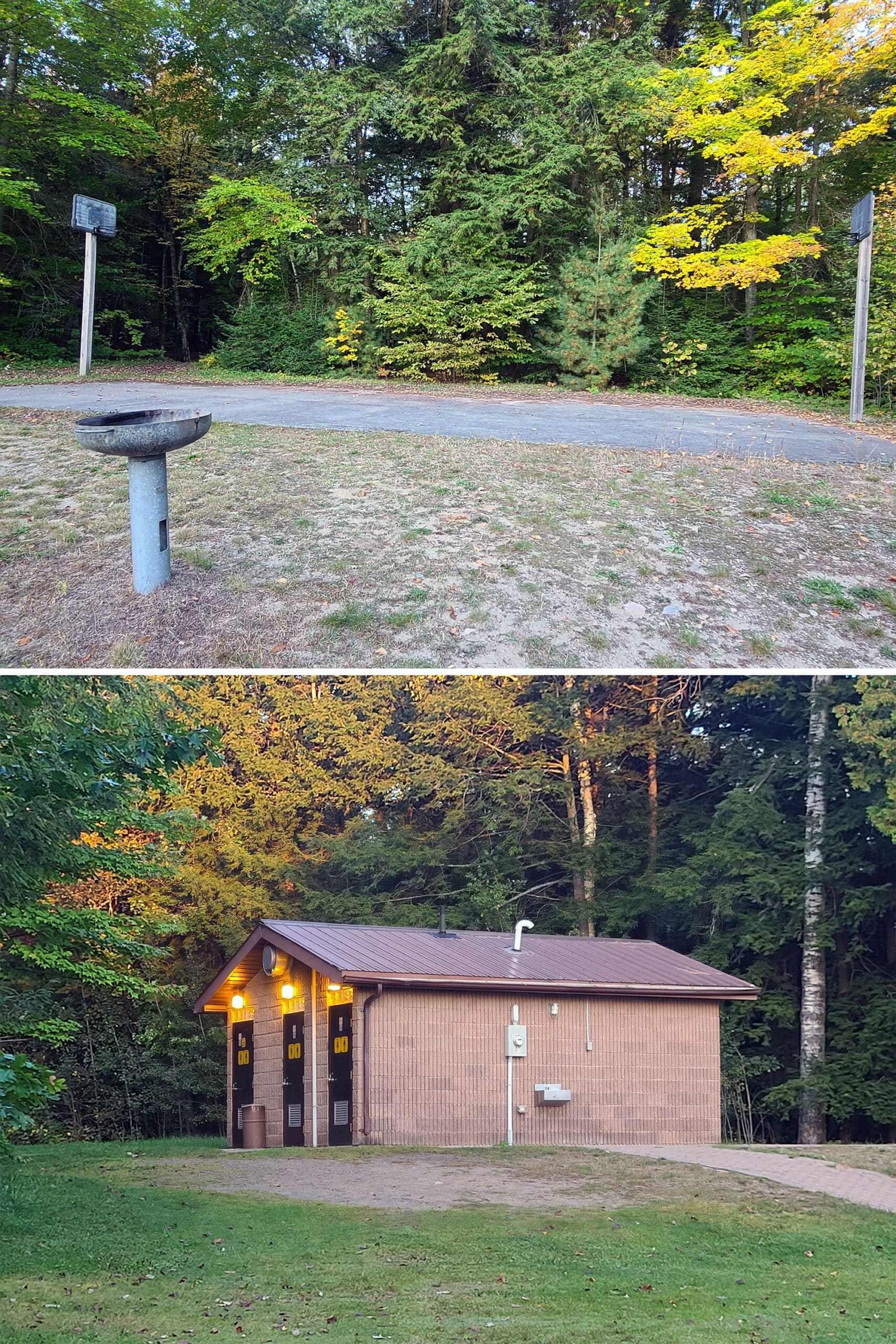 2 part image showing a rustic basketball net and a comfort station.