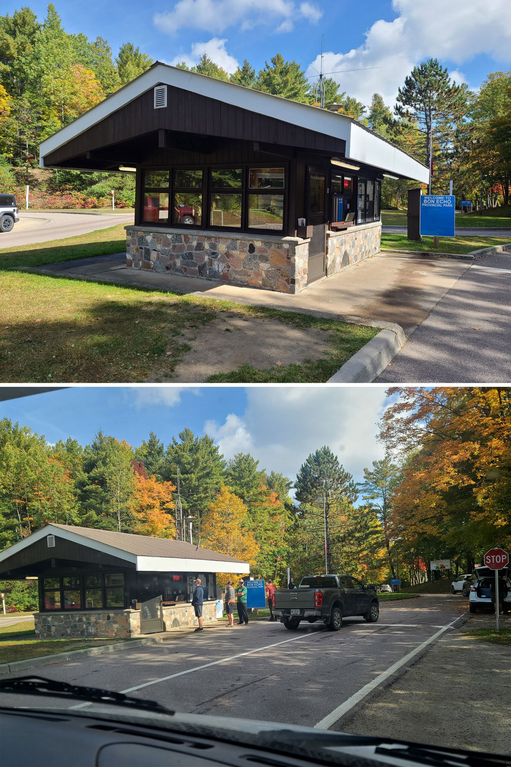 2 part image showing the gatehouse at Bon Echo, with a line coming out the door.