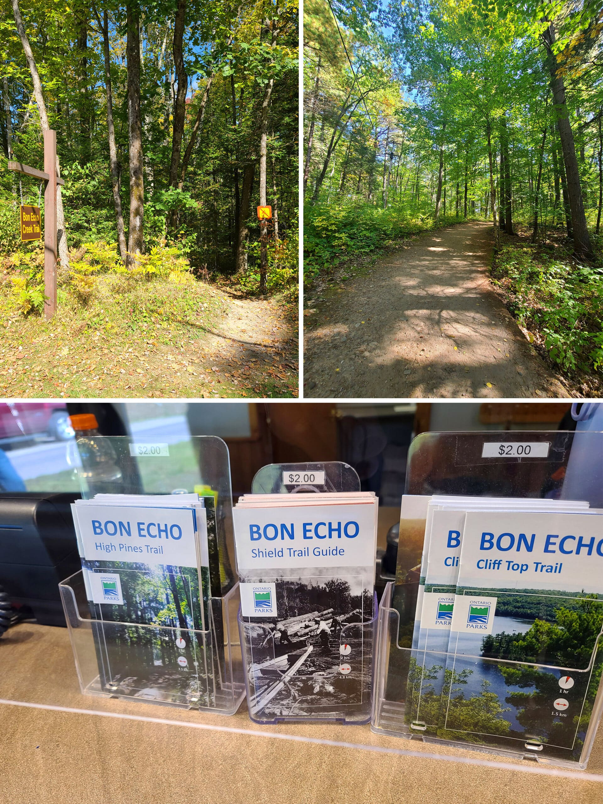 3 part image showing a couple of the trails at Bon echo, and a row of trail brochures.