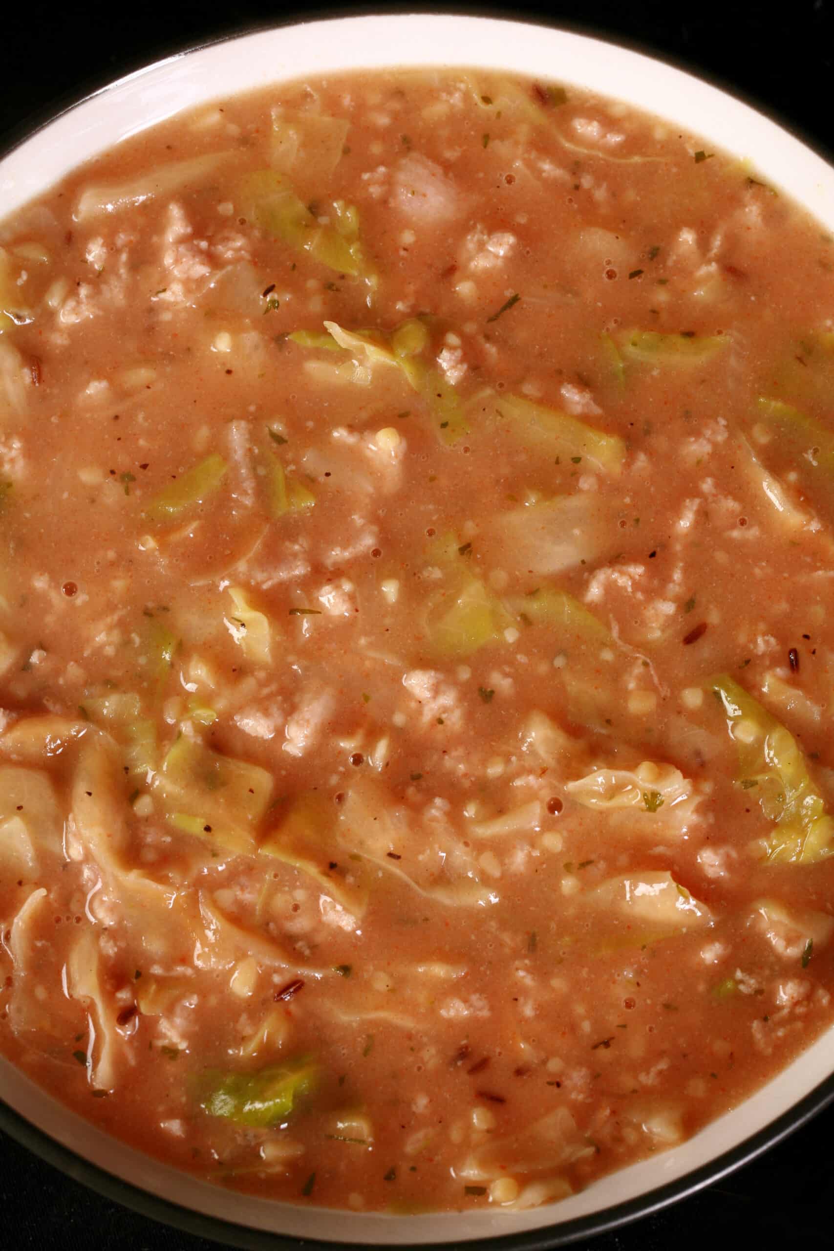 A bowl of cabbage roll soup made from homemade instant soup mix.