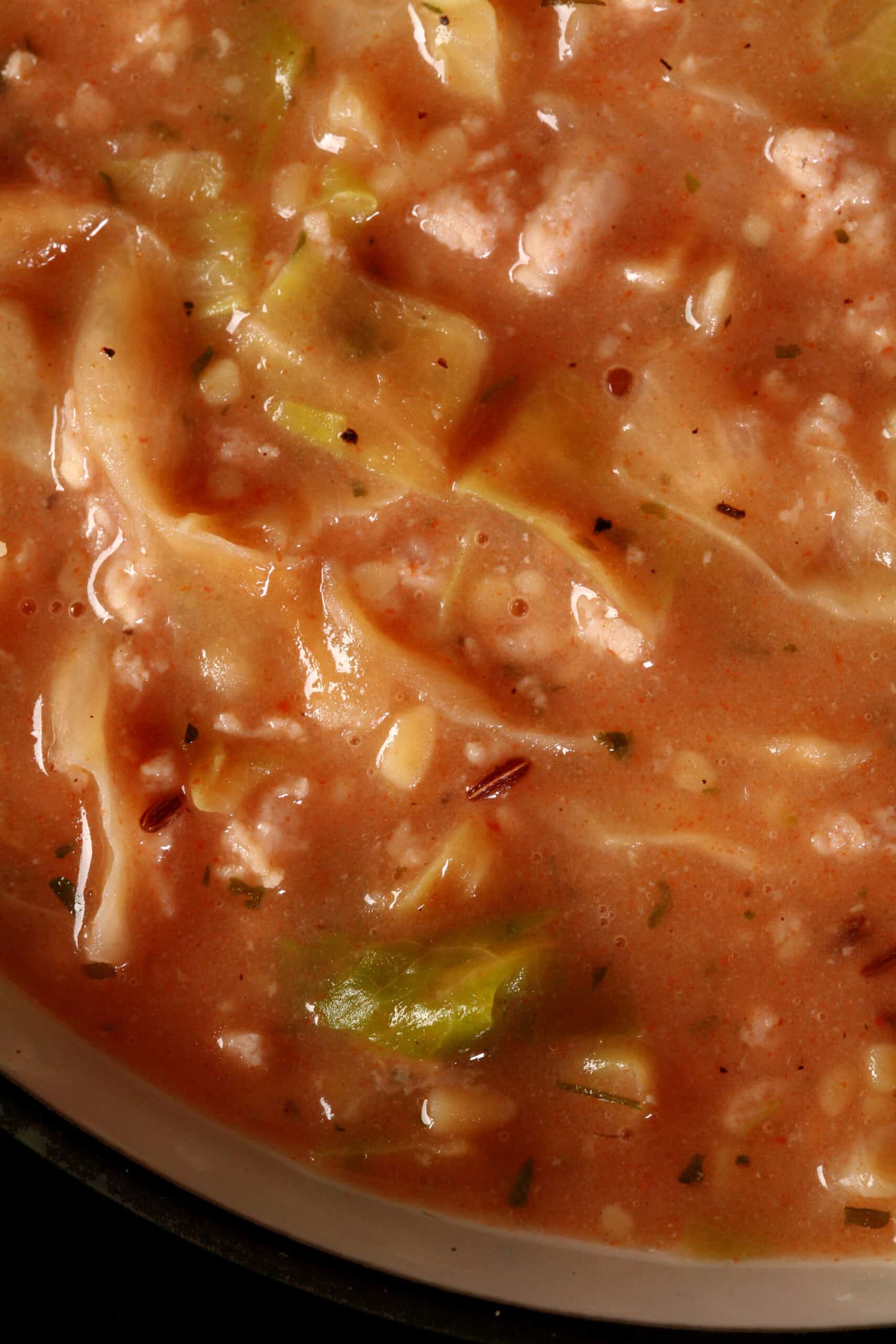 A bowl of cabbage roll soup made from homemade instant soup mix.