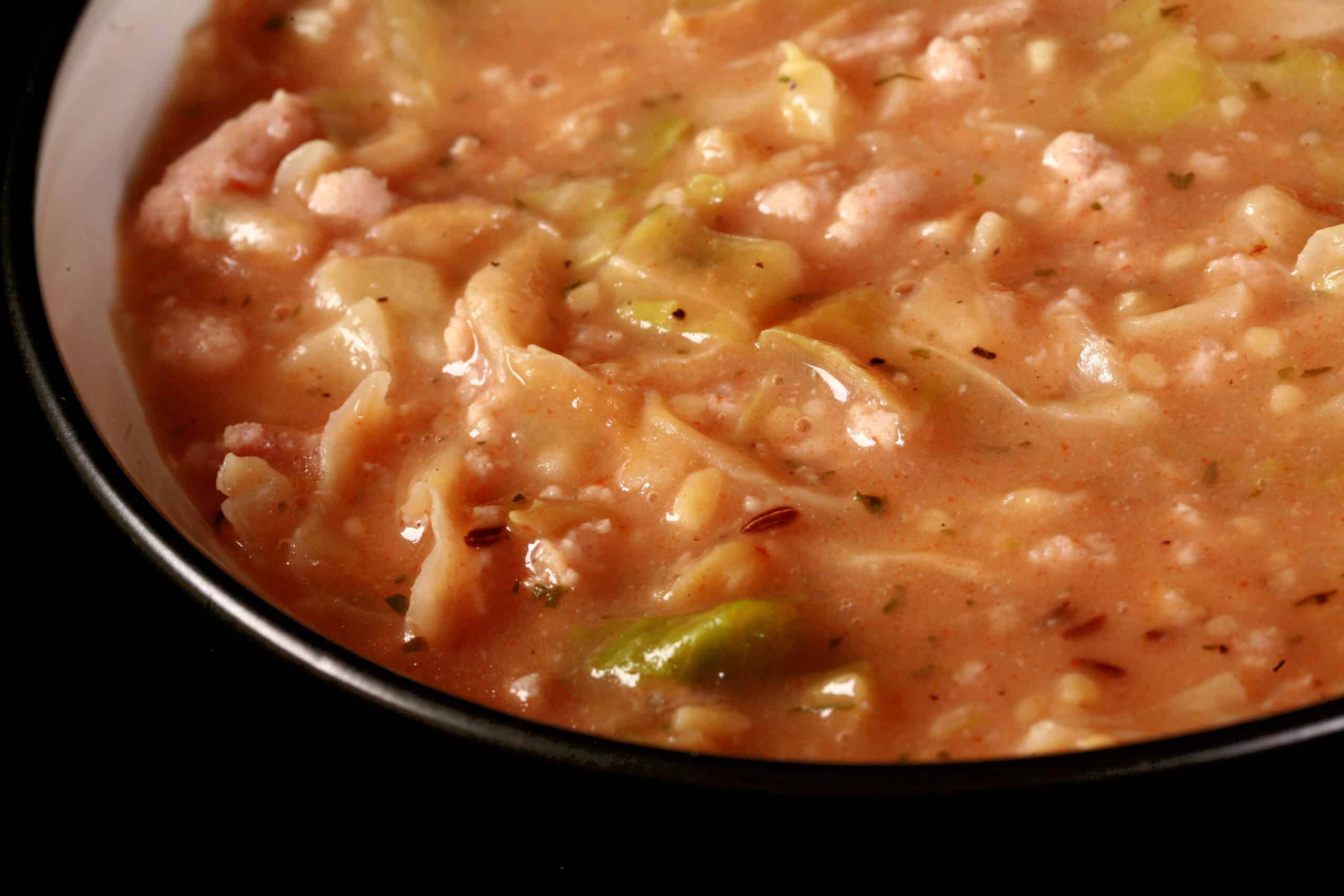 A bowl of cabbage roll soup made from homemade instant soup mix.