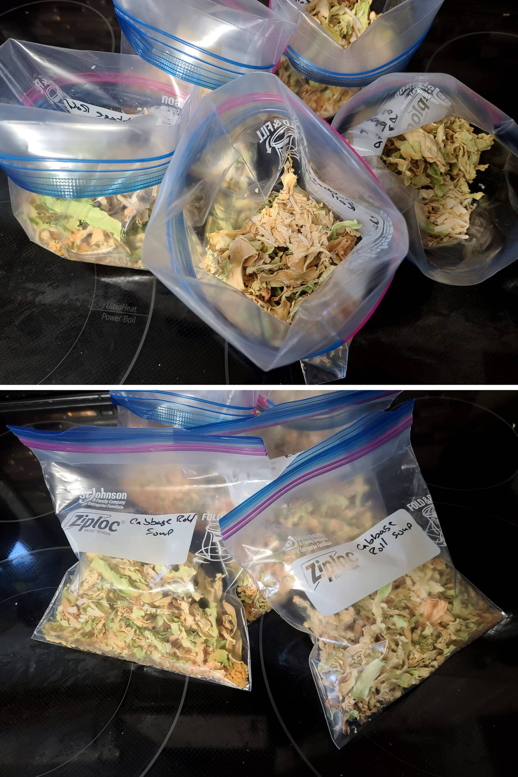 3 part image showing baggies of rice and dried cabbage being measured and sealed.