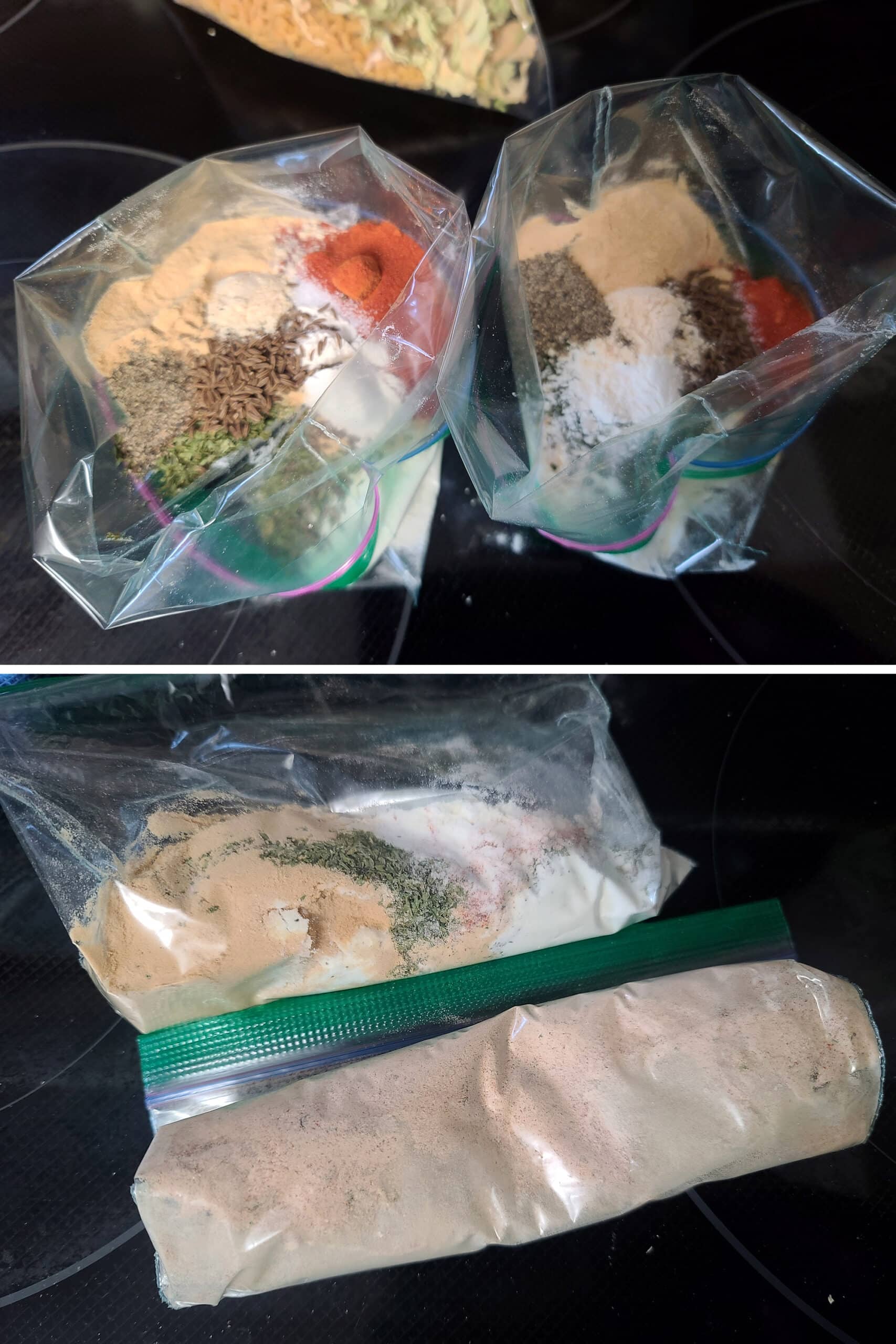 2 part image showing the instant soup mix ingredients being measured into baggies, mixed, and sealed.