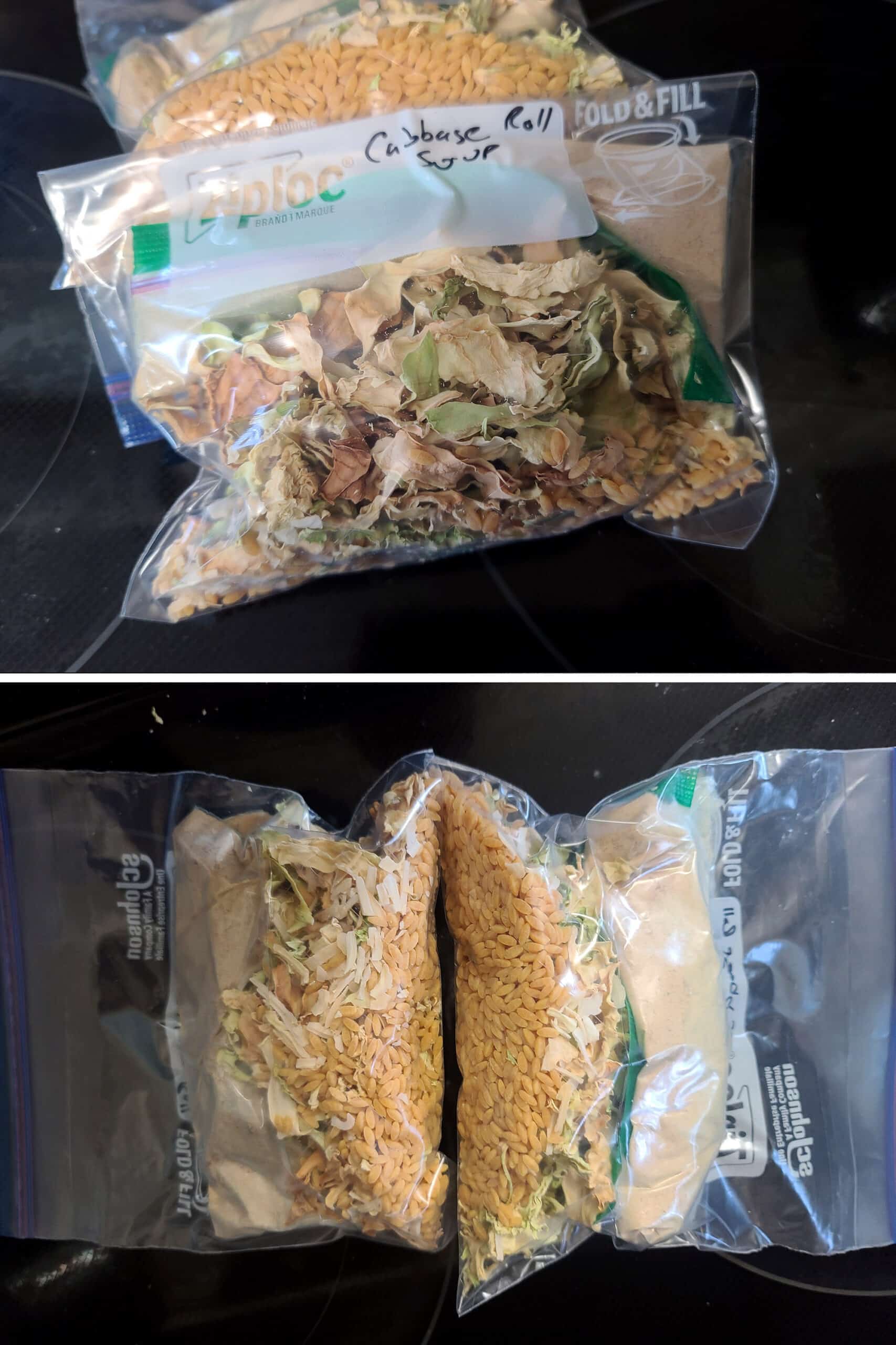 2 part image showing the soup mix packet being added to the baggie of cabbage and rice.