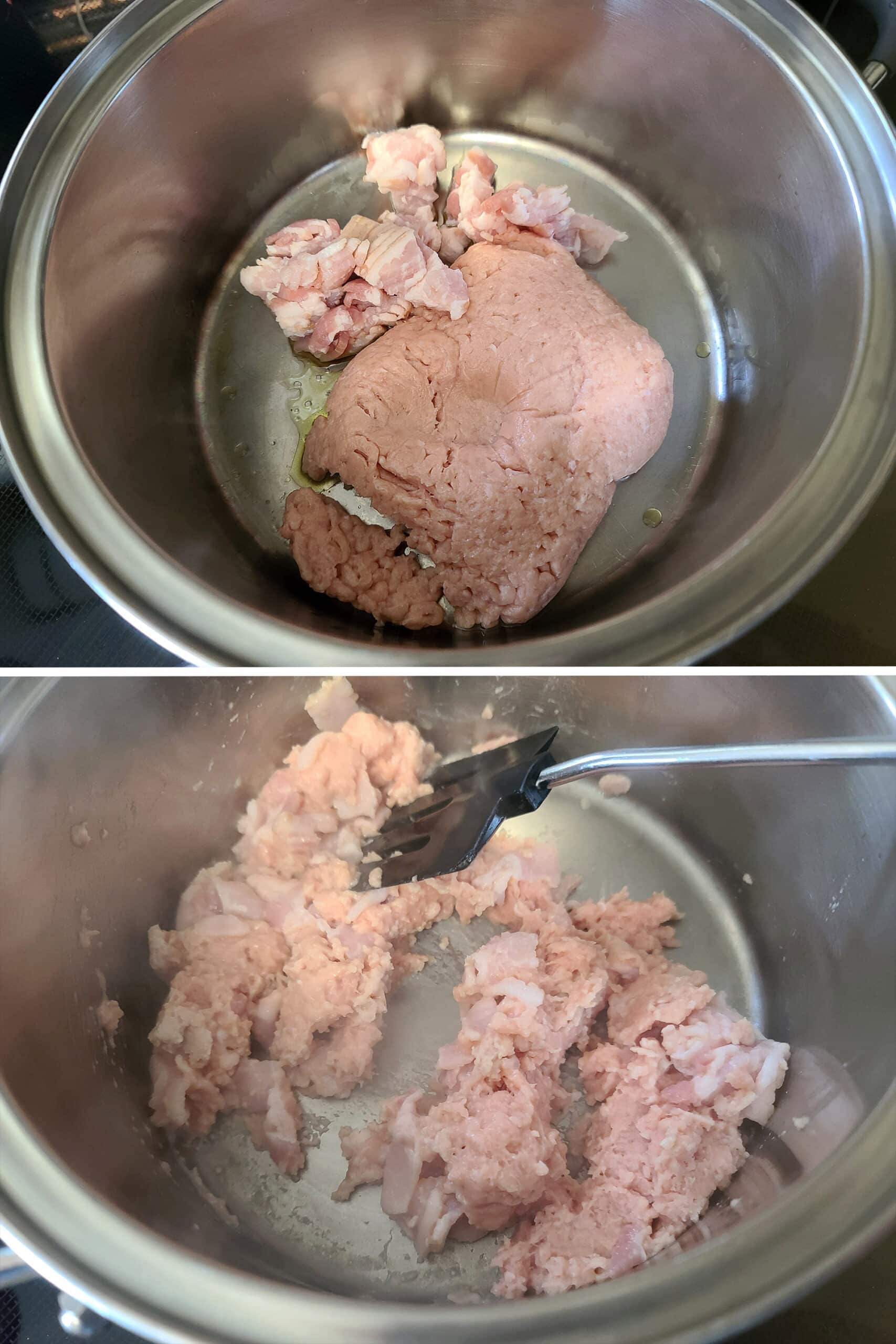 2 part image showing ground chicken and chopped bacon cooking in a pot.