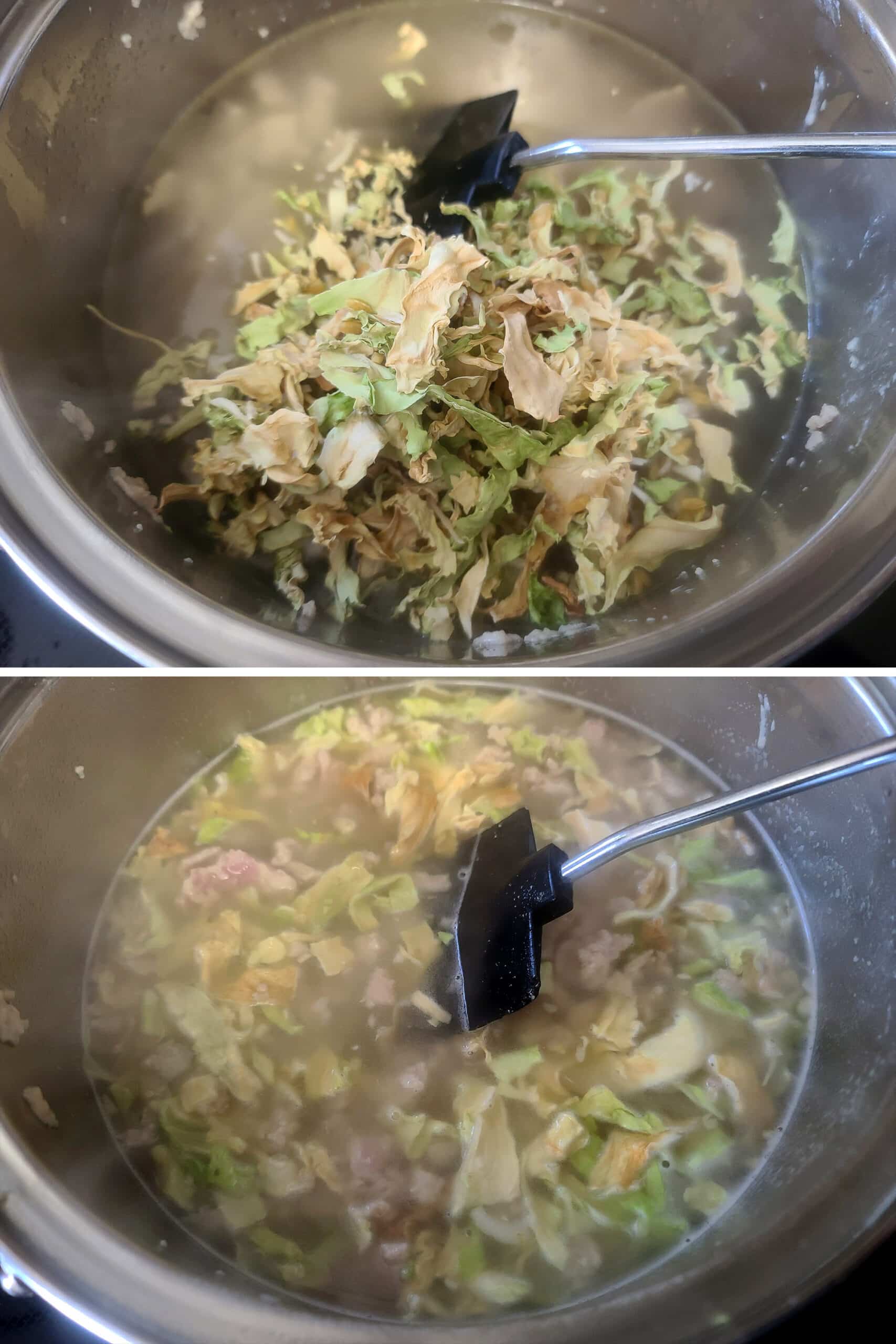 2 part image showing the cabbage cooking in a pot of water and ground meat.