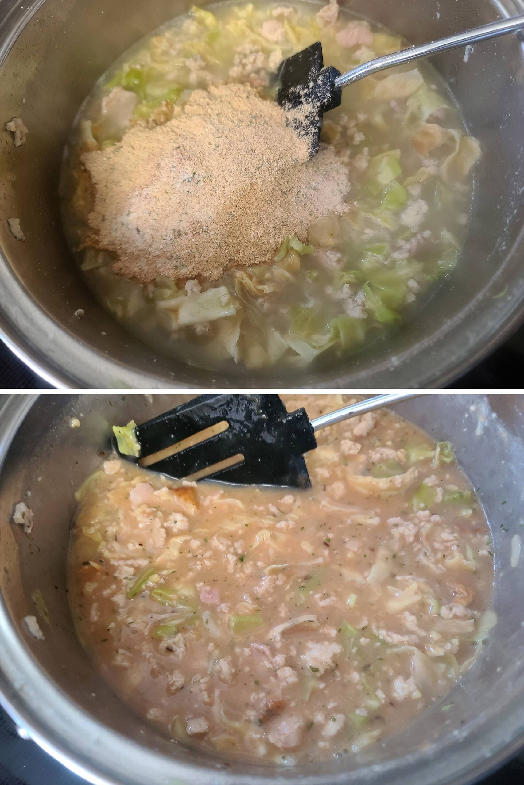 2 part image showing the homemade instant soup packet being added to the pot of soup.