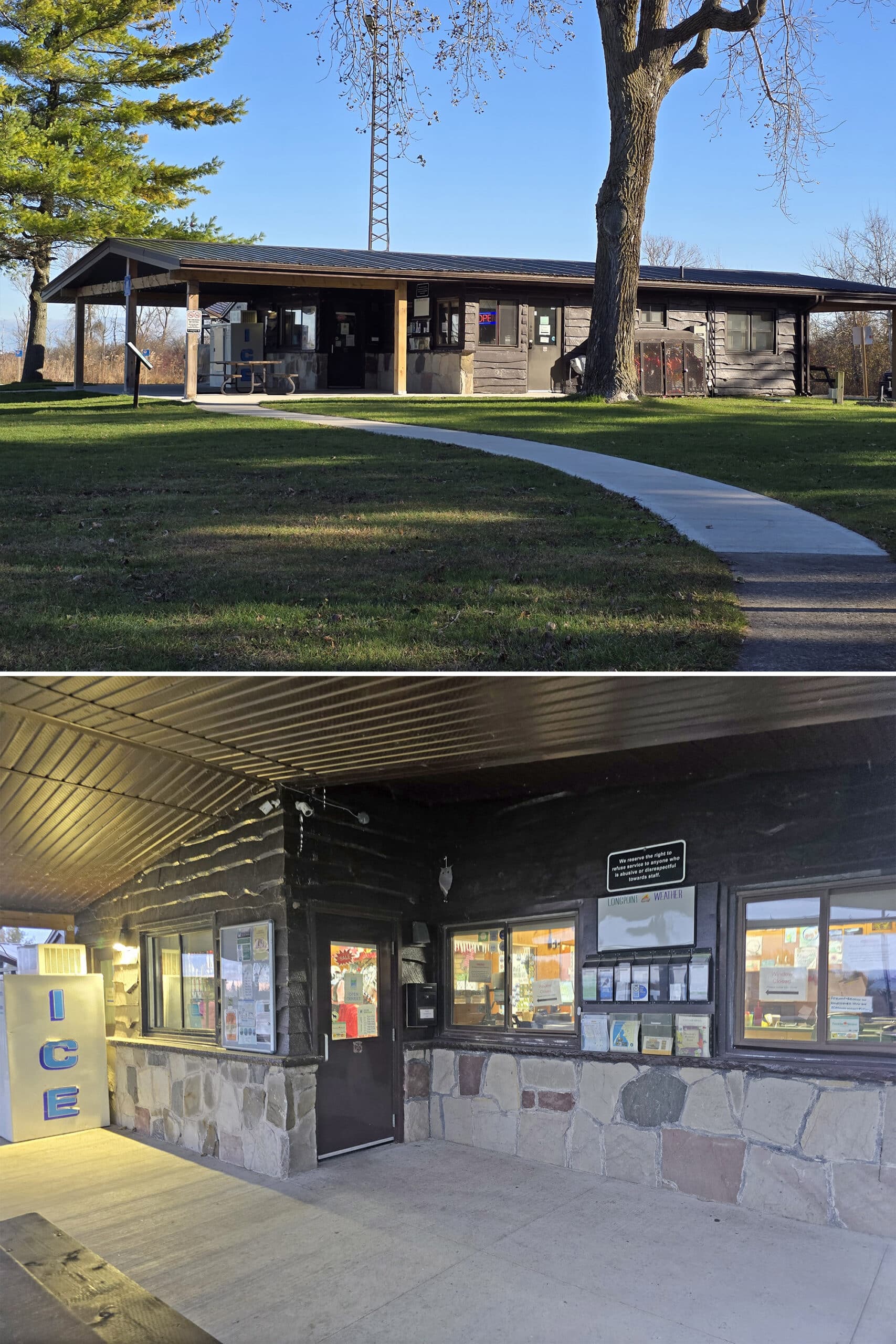 2 part image showing the gatehouse at Long Point Provincial Park.