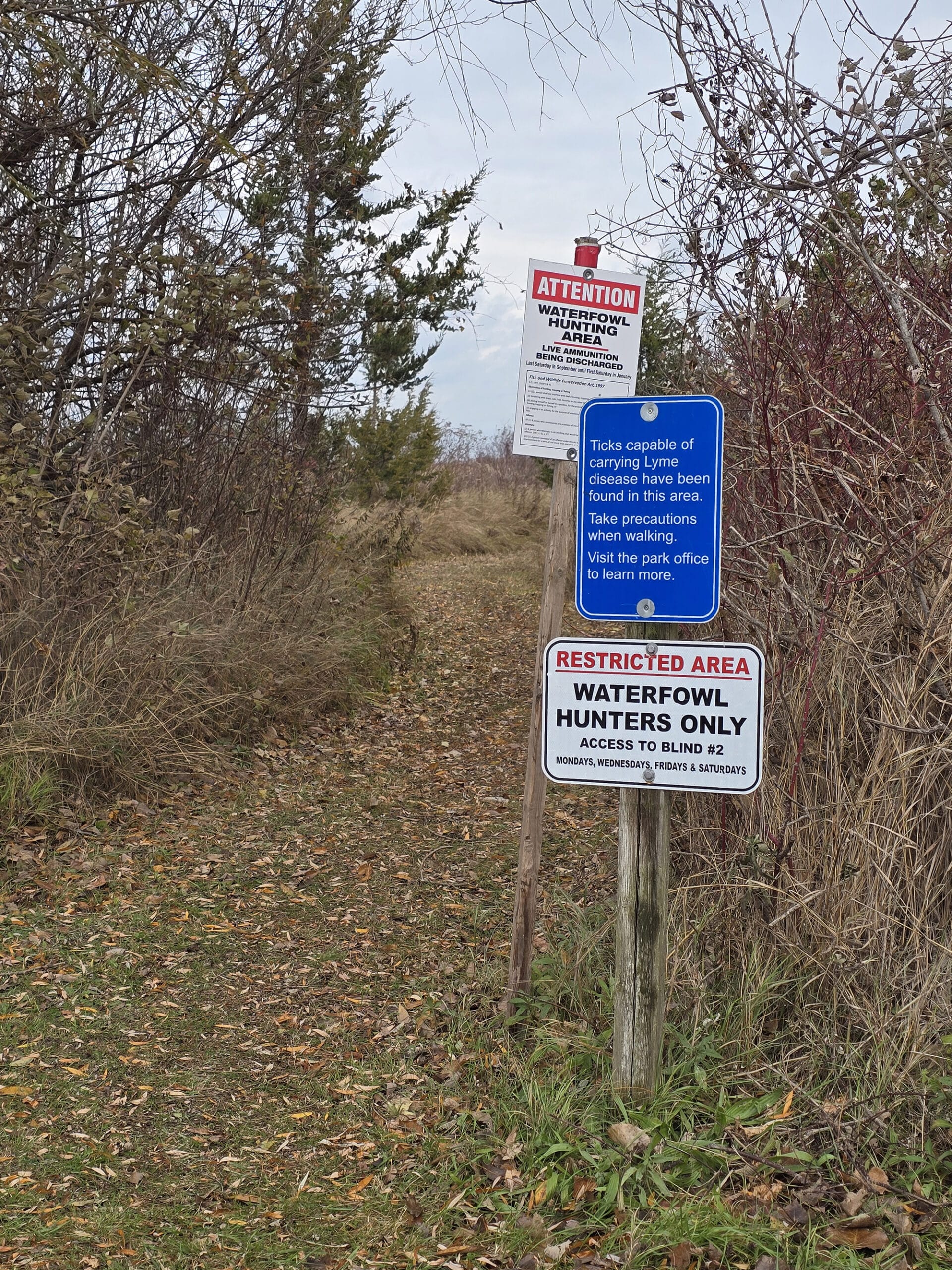 A trail marked as being for waterfowl hunters only.