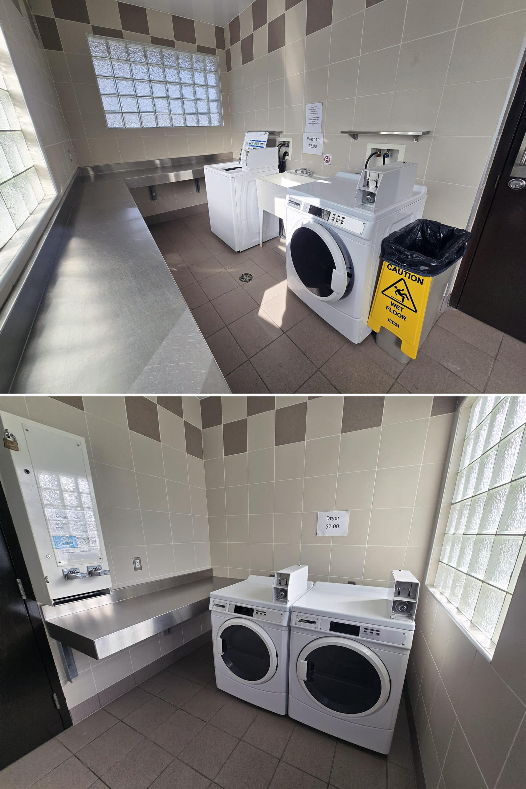 2 part image showing the laundry facilities at Long Point Provincial Park.