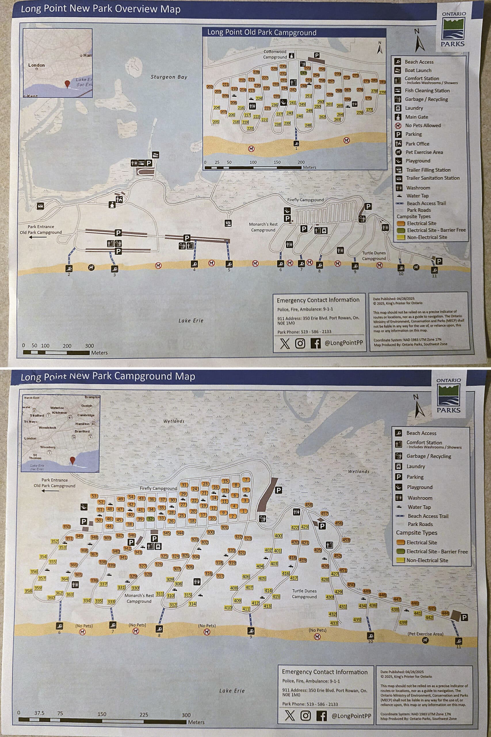 2 part image showing the Long Point Provincial Park maps.