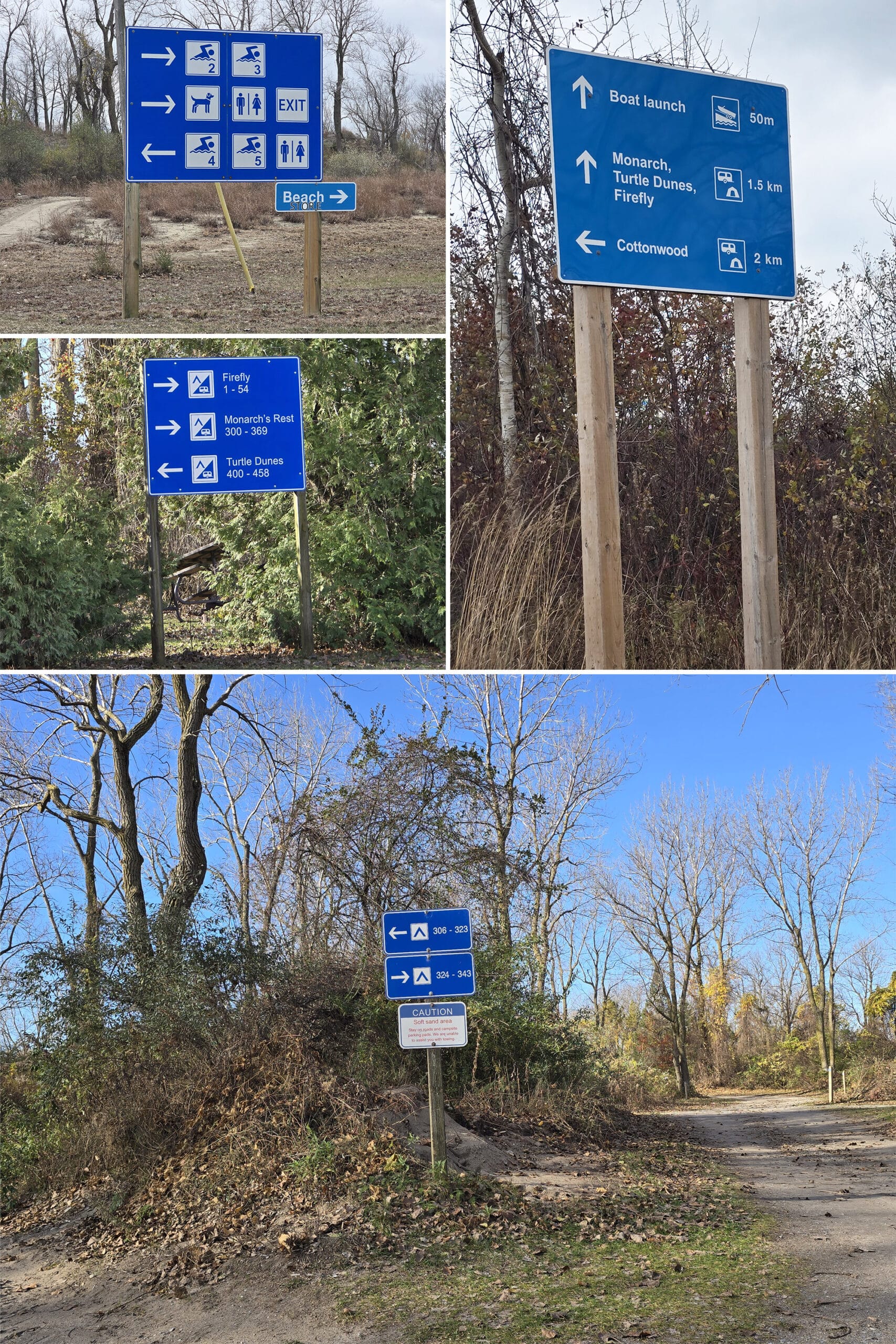 4 part image showing various directional signage at Long Point Provincial Park.