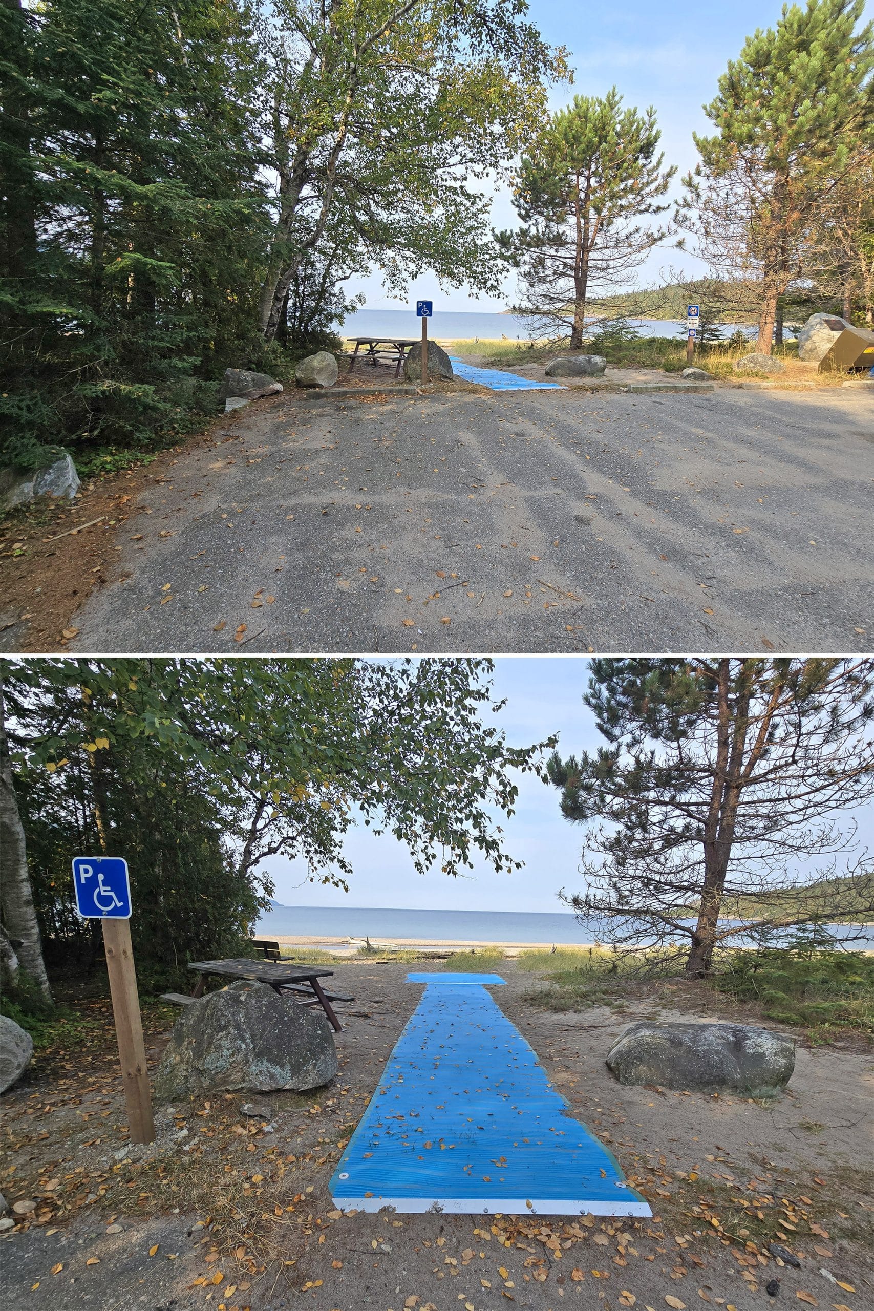 2 part image showing an accessible parking spot and a blue mobi mat extending onto the sand.