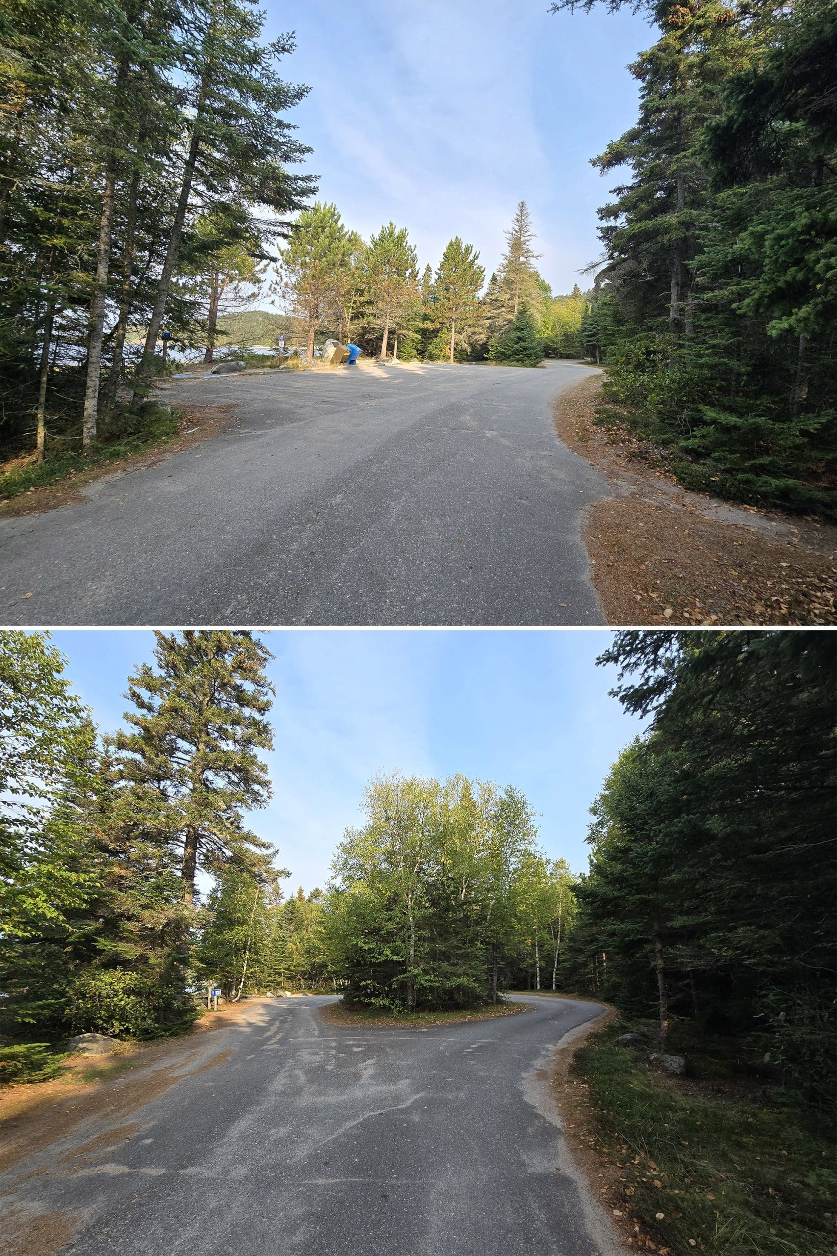 2 part image showing a small parking lot and loop.