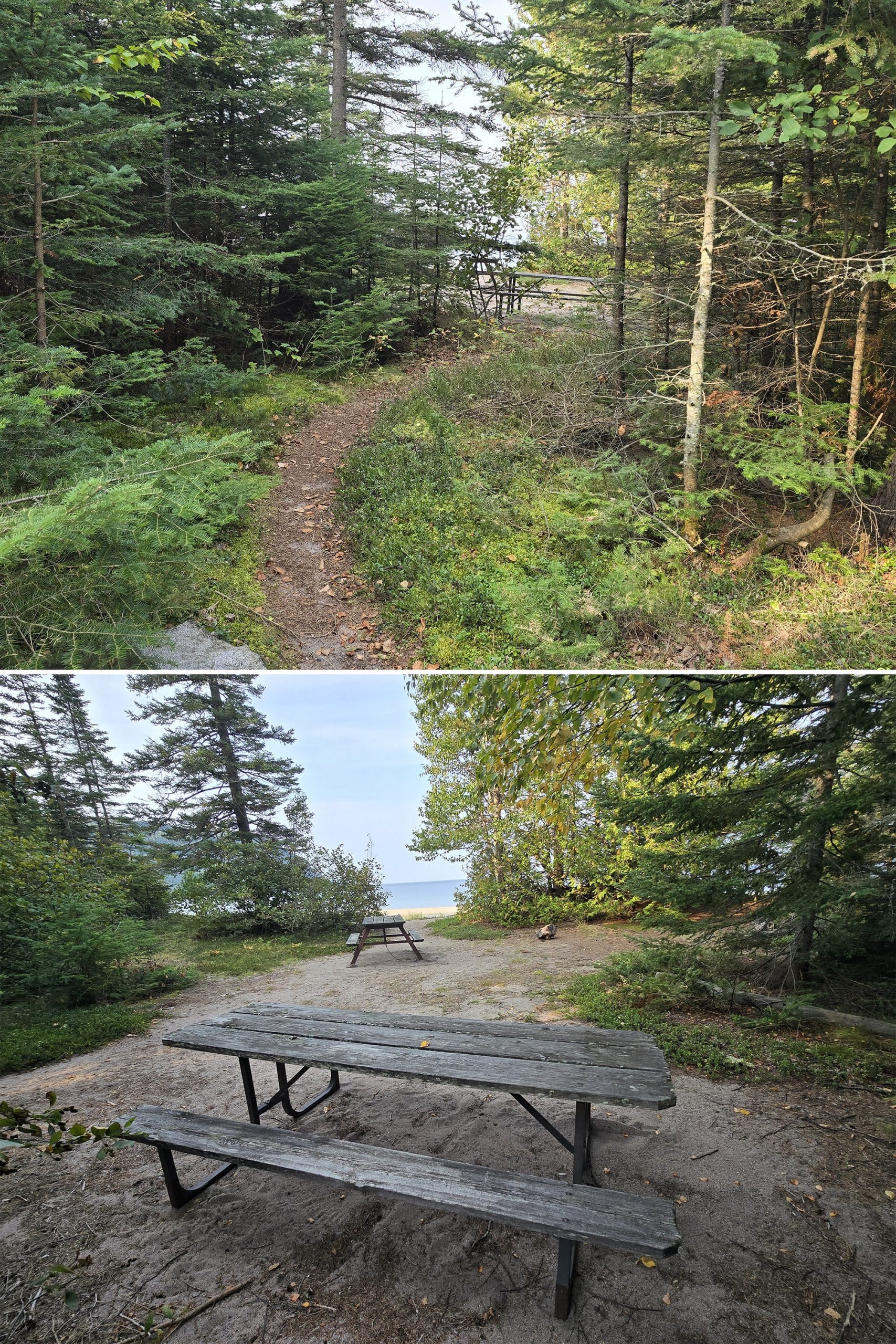 2 part image showing a trail to a secluded picnic nook, and that picnic site overlooking lake superior.