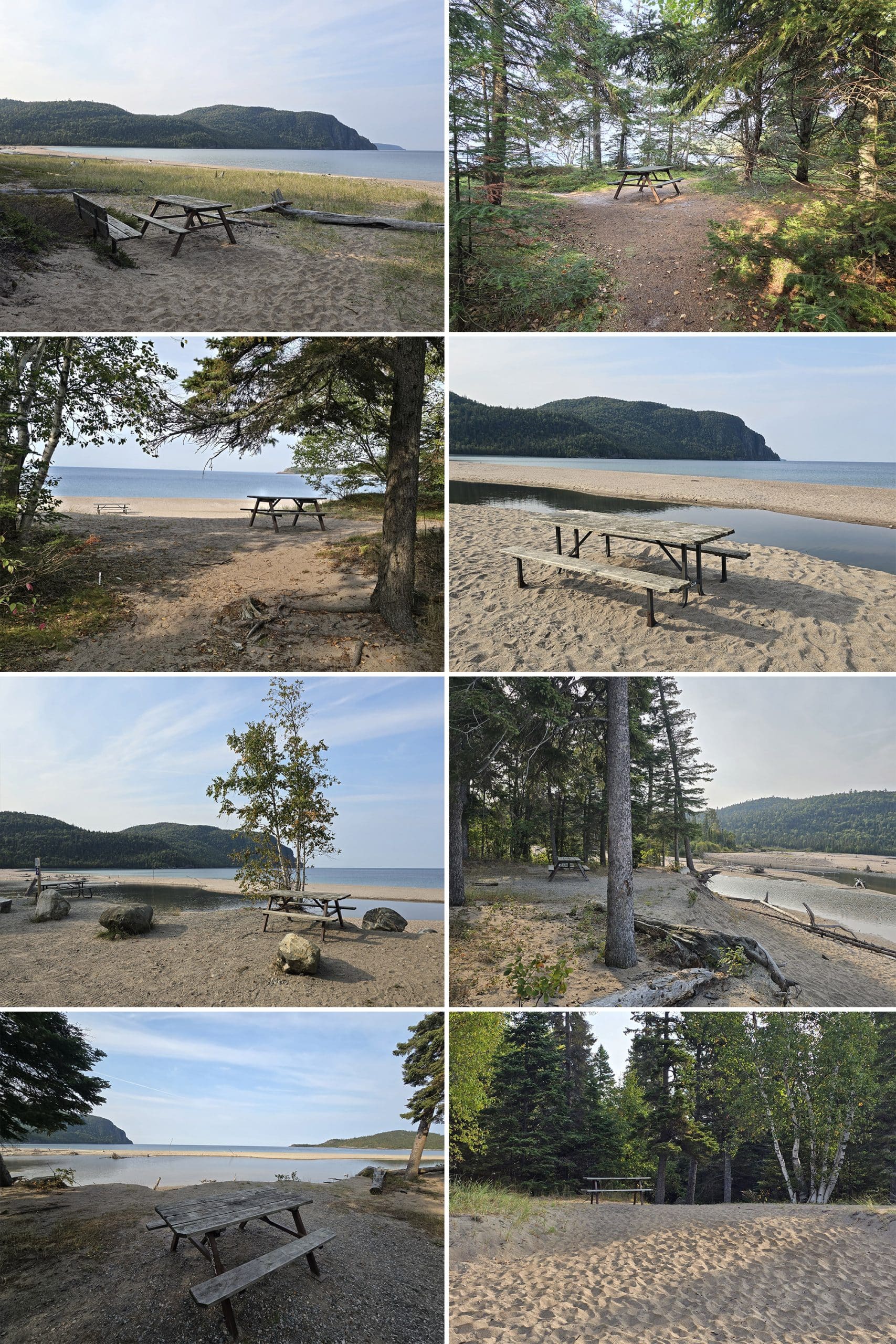 8 part image showing many different beachfront picnic sites at old woman bay.