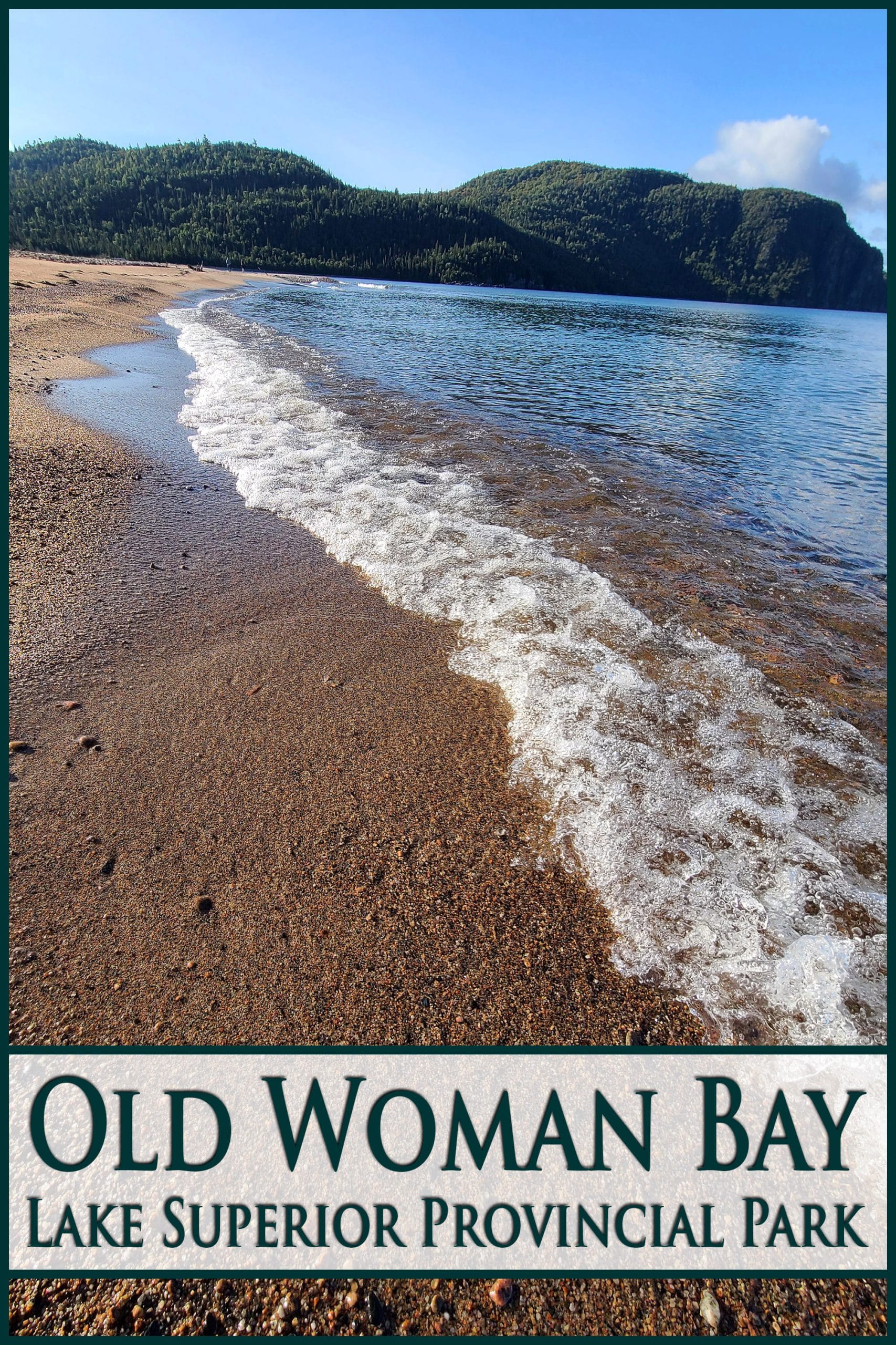 A lake superior beach, with overlaid text that says old woman bay, lake superior provincial park.