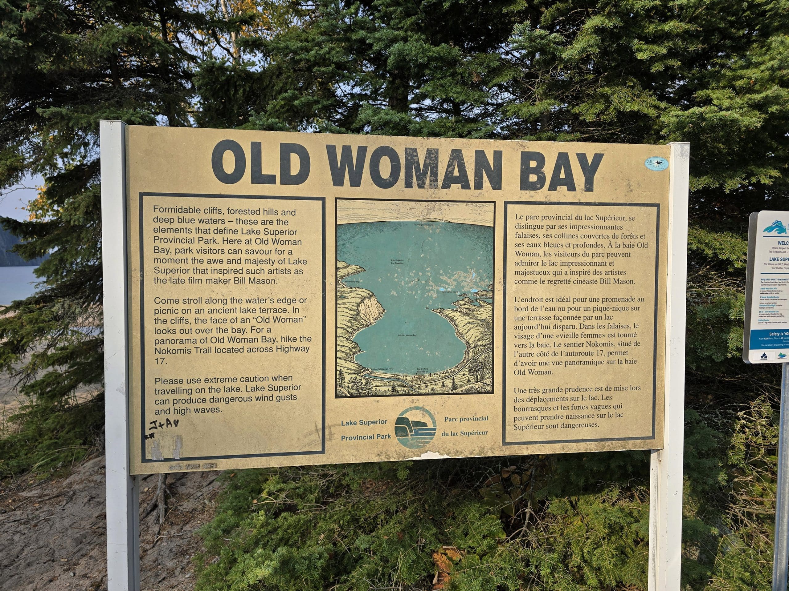 The old woman bay information sign.