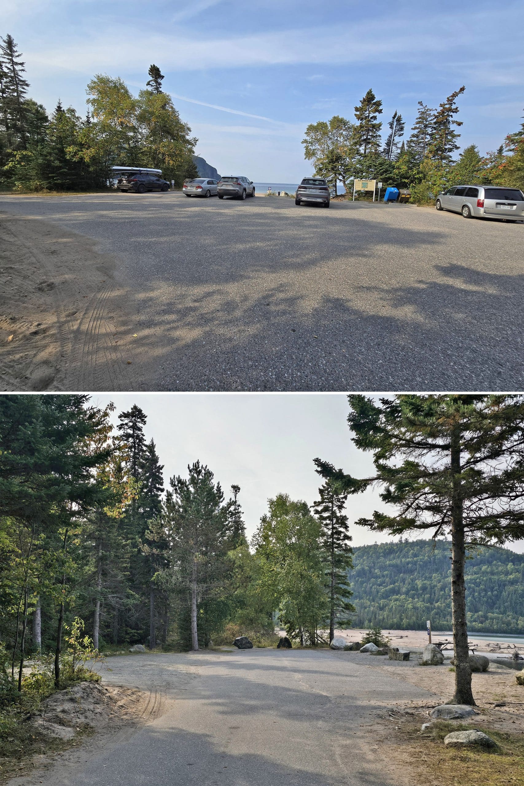 2 part image showing the central and south parking lots at old woman bay.