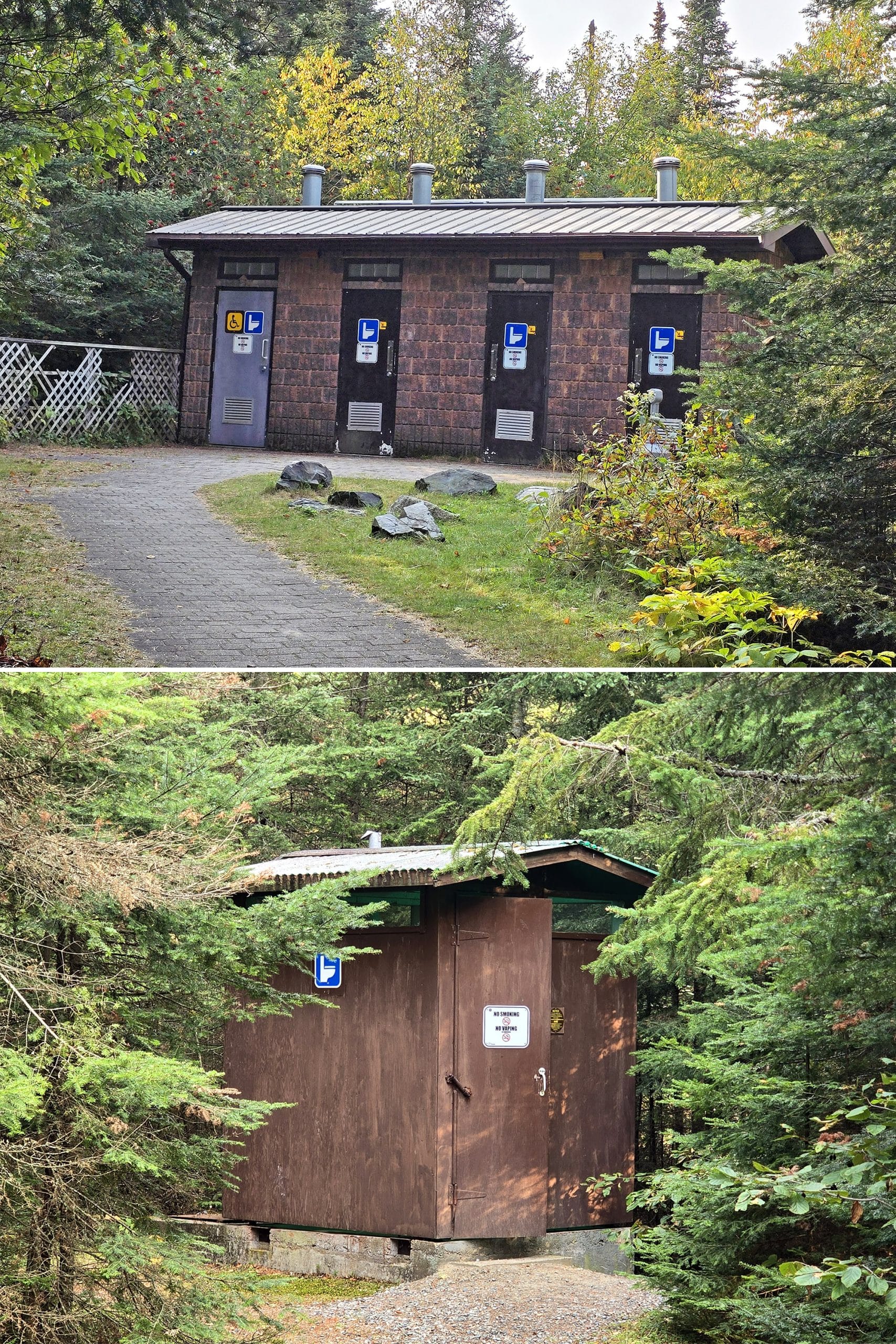 2 part image showing a building with composting washrooms, and an outhouse.