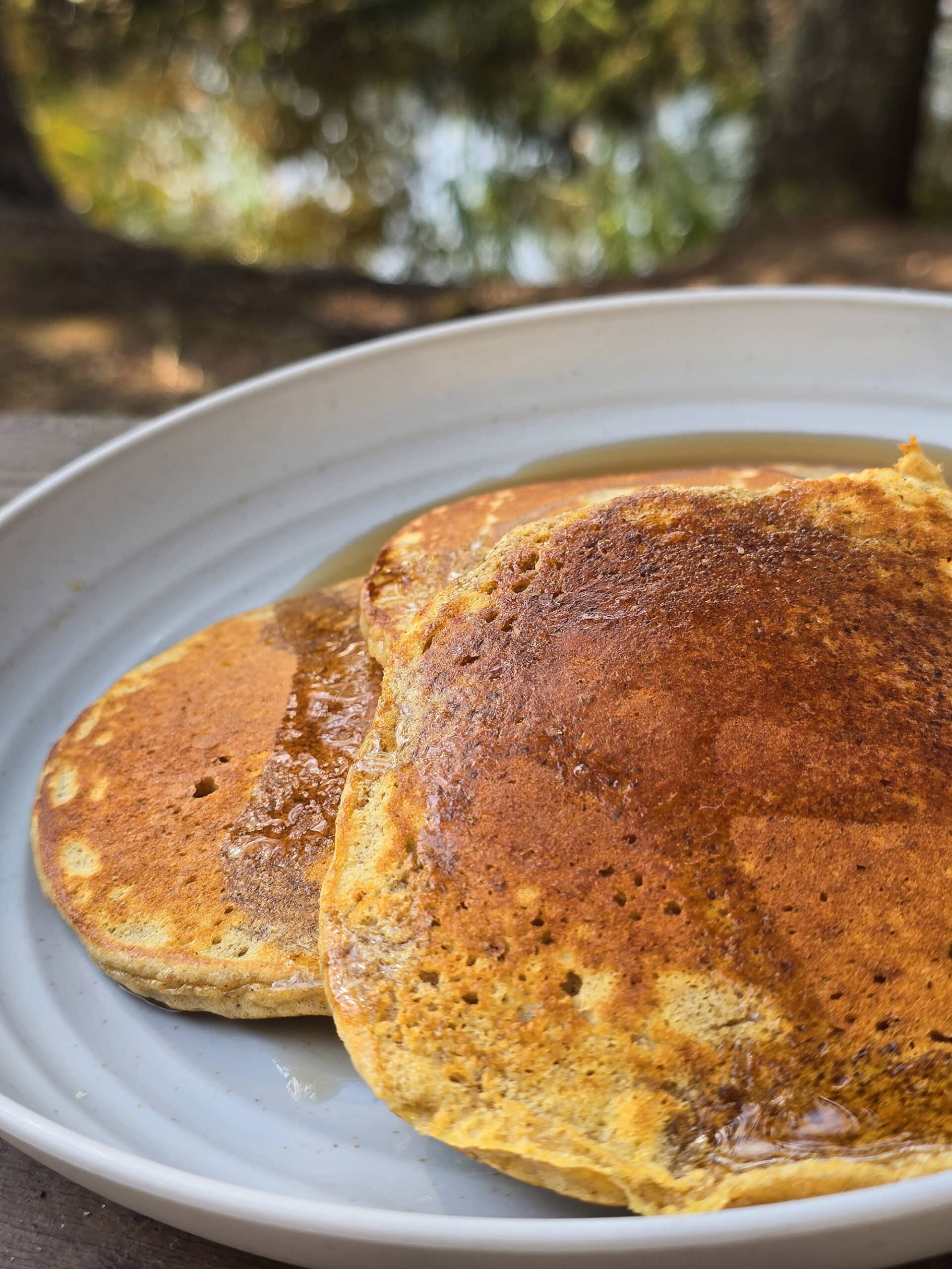 3 pumpkin protein pancakes on a camping plate.