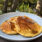 3 protein pumpkin pancakes on a camping plate.