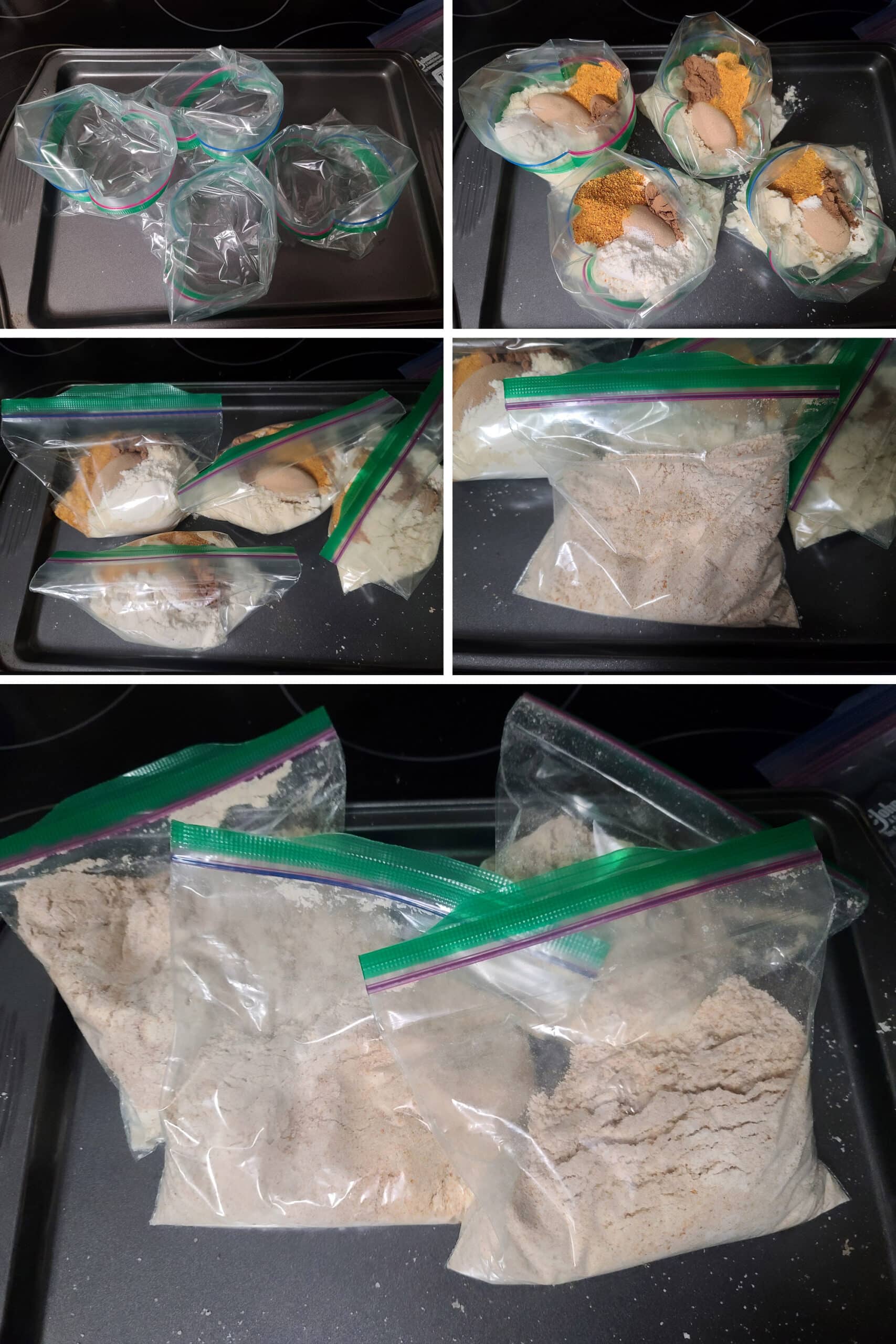 5 part image showing several bags of pumpkin protein pancake mixes being made in sandwich baggies.