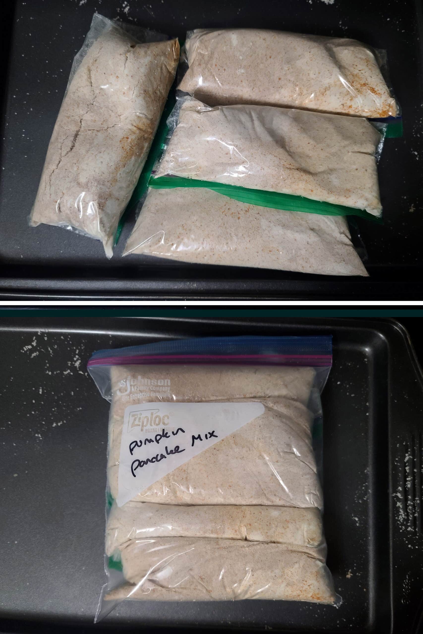 2 part image showing a set of pumpkin protein pancake mixes labelled in a larger bag.